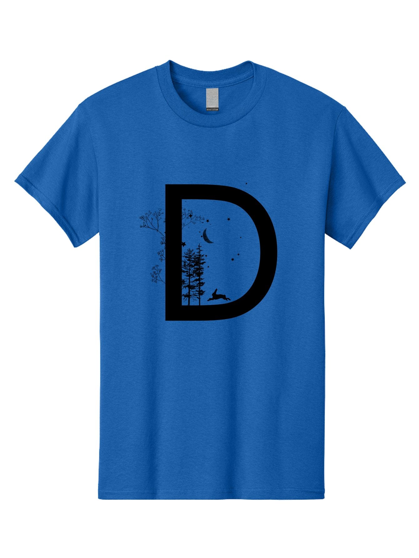 D Men'S Graphic Tee, 100% Cotton, Comfortable Casual Summer Wear, Machine Washable, Whimsical Letter D, Forest Silhouettes, Crescent Moon, Stars, Leaping Deer, Nighttime Scene, Dreamy Atmosphere, Typography Art, Mystical Elements, Aac300 4
