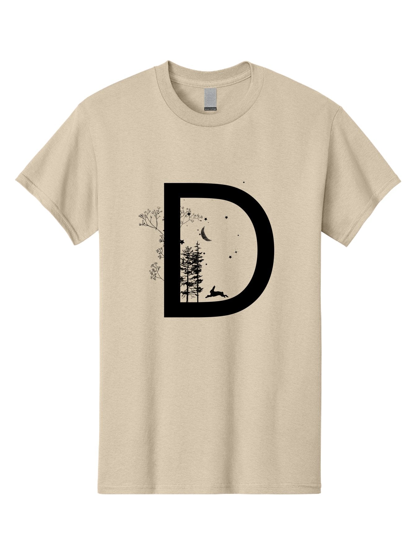 D Men'S Graphic Tee, 100% Cotton, Comfortable Casual Summer Wear, Machine Washable, Whimsical Letter D, Forest Silhouettes, Crescent Moon, Stars, Leaping Deer, Nighttime Scene, Dreamy Atmosphere, Typography Art, Mystical Elements, Aac300 14
