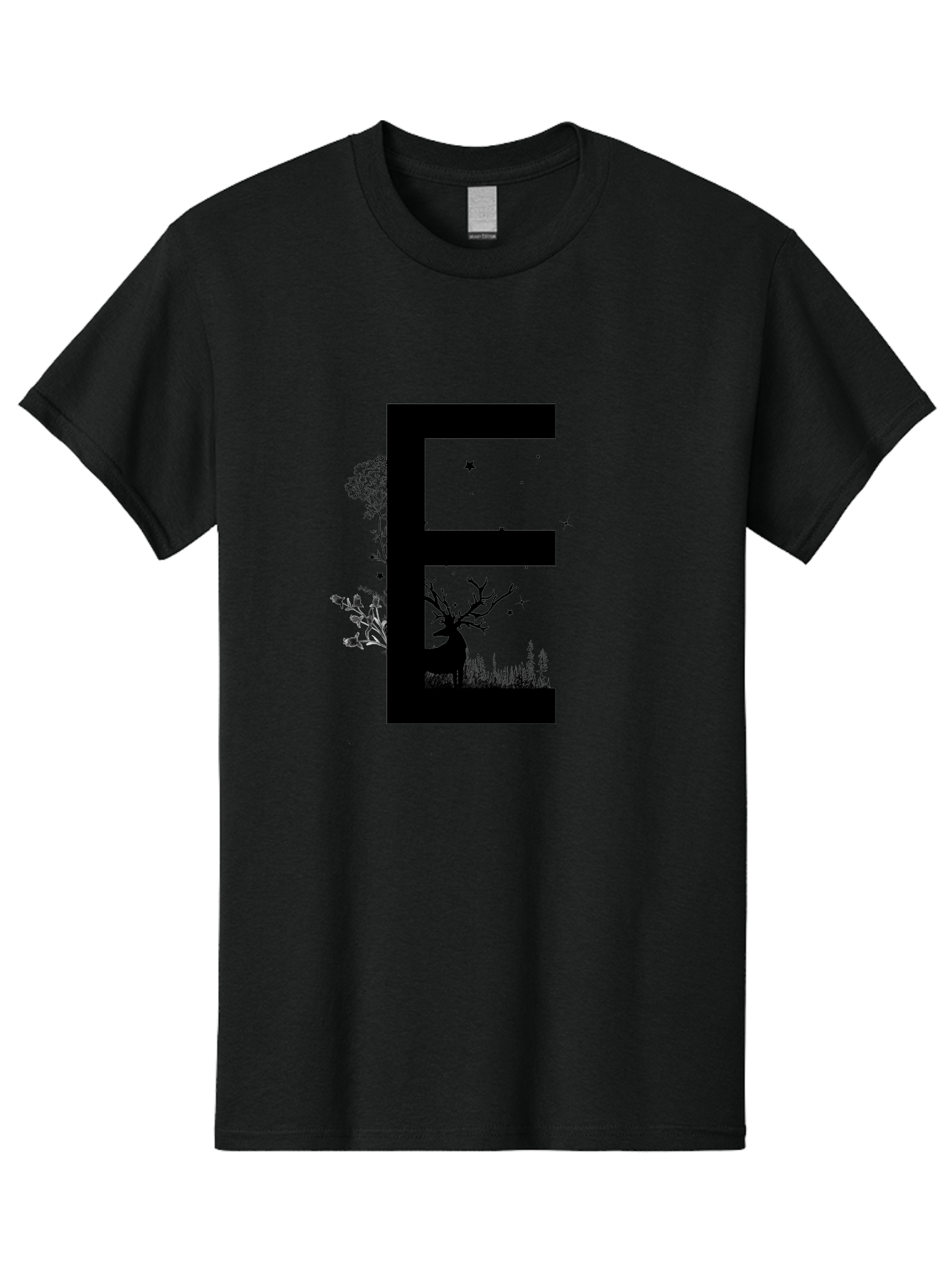 E Men'S Graphic Tee, 100% Cotton, Comfortable Casual Summer Wear, Machine Washable, Large Letter E, Tree Silhouettes, Floral Elements, Nature-Inspired Design, Creative Typography, Artistic Lettering, Botanical Art, Whimsical Style, Aac304 13