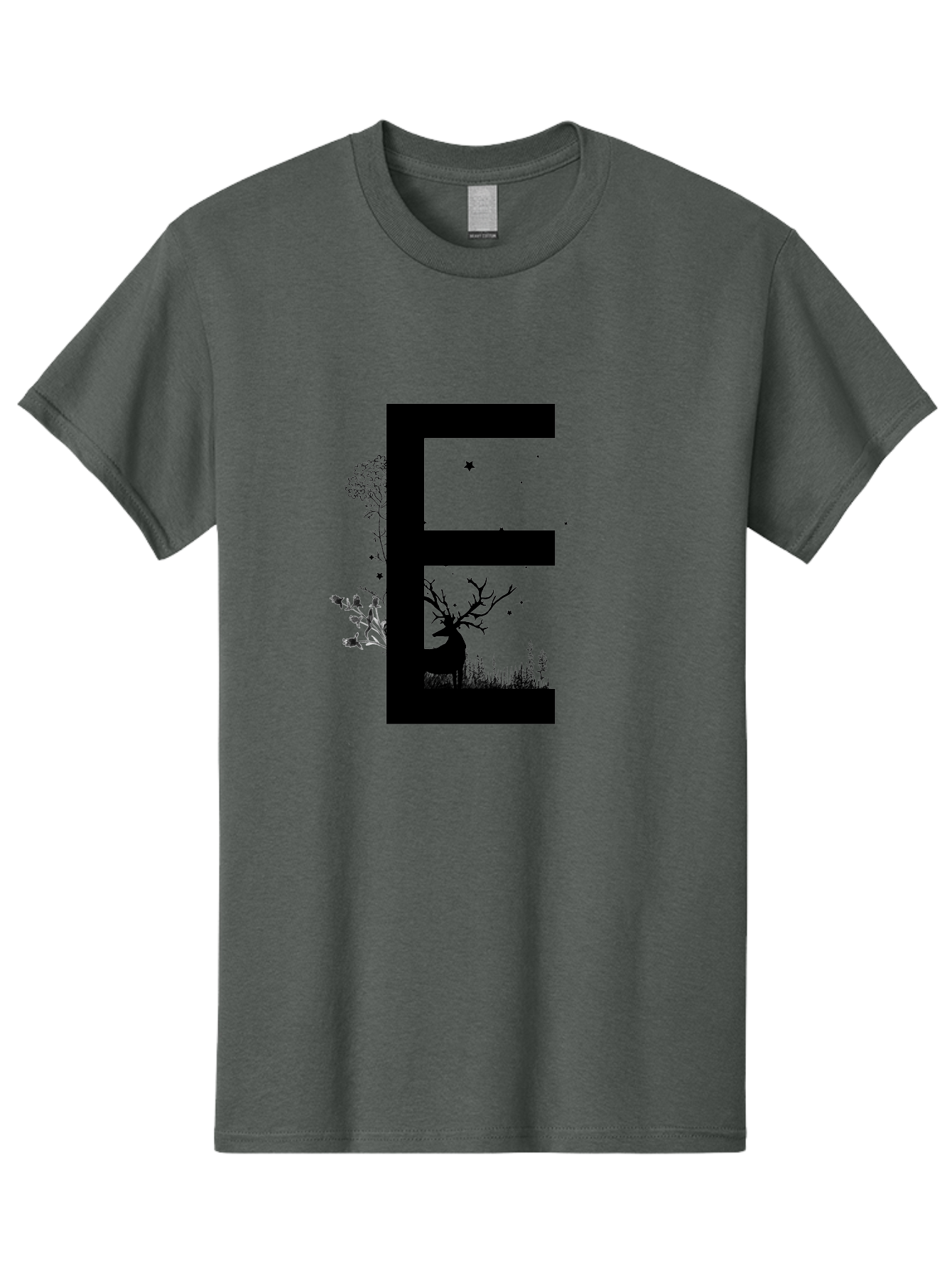 E Men'S Graphic Tee, 100% Cotton, Comfortable Casual Summer Wear, Machine Washable, Large Letter E, Tree Silhouettes, Floral Elements, Nature-Inspired Design, Creative Typography, Artistic Lettering, Botanical Art, Whimsical Style, Aac304 21