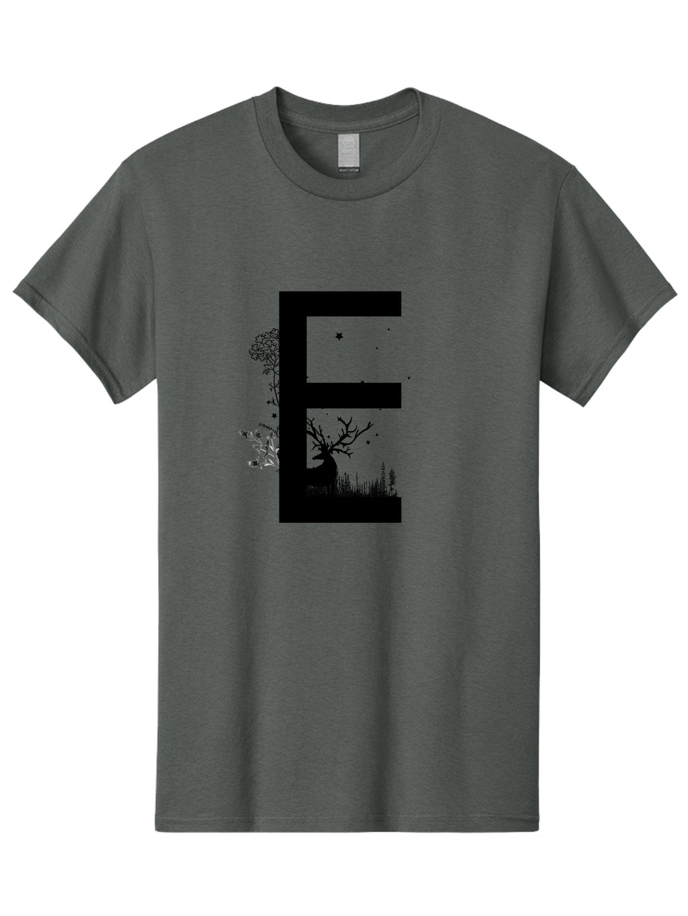 E Men'S Graphic Tee, 100% Cotton, Comfortable Casual Summer Wear, Machine Washable, Large Letter E, Tree Silhouettes, Floral Elements, Nature-Inspired Design, Creative Typography, Artistic Lettering, Botanical Art, Whimsical Style, Aac304