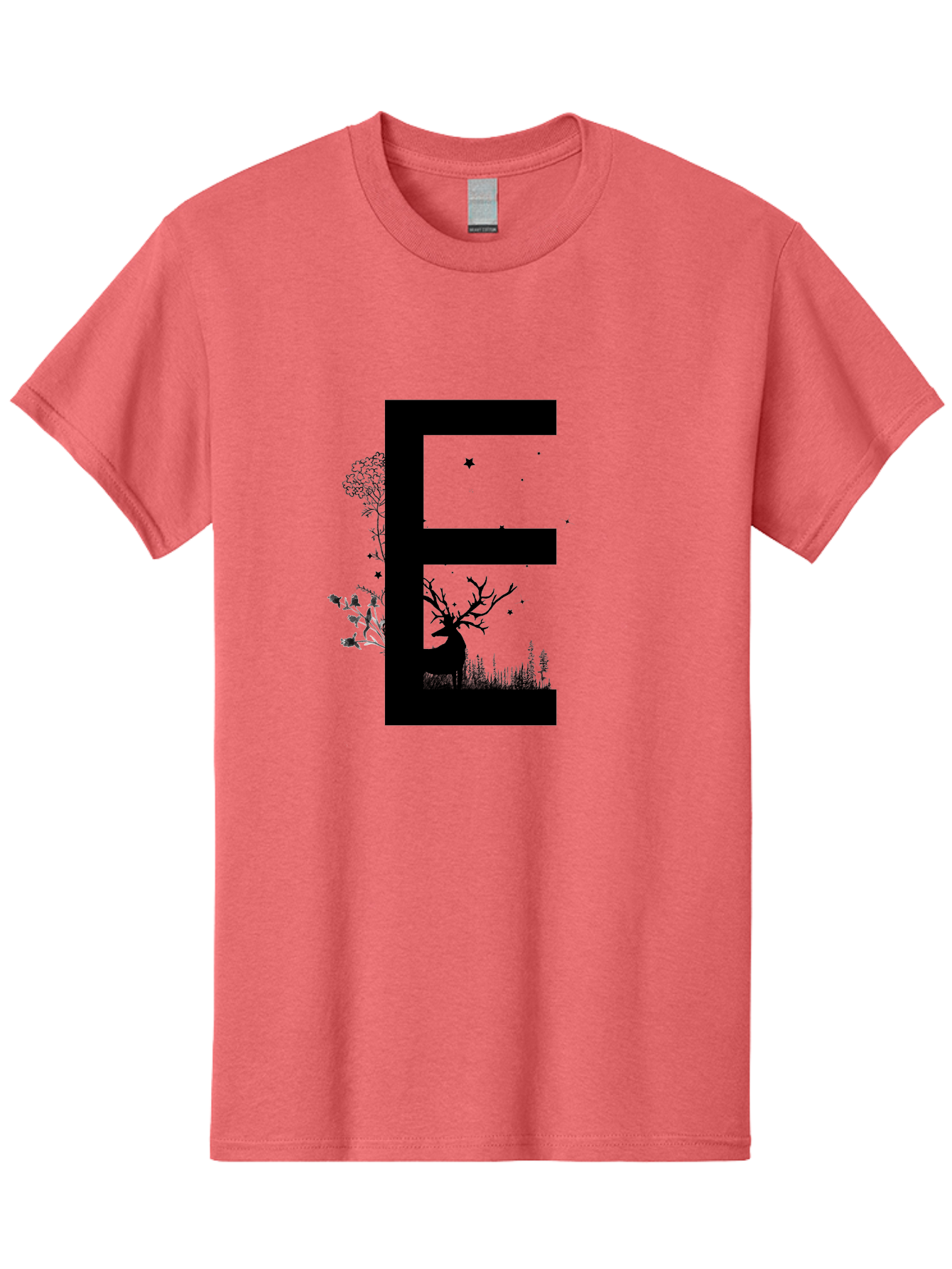 E Men'S Graphic Tee, 100% Cotton, Comfortable Casual Summer Wear, Machine Washable, Large Letter E, Tree Silhouettes, Floral Elements, Nature-Inspired Design, Creative Typography, Artistic Lettering, Botanical Art, Whimsical Style, Aac304 3