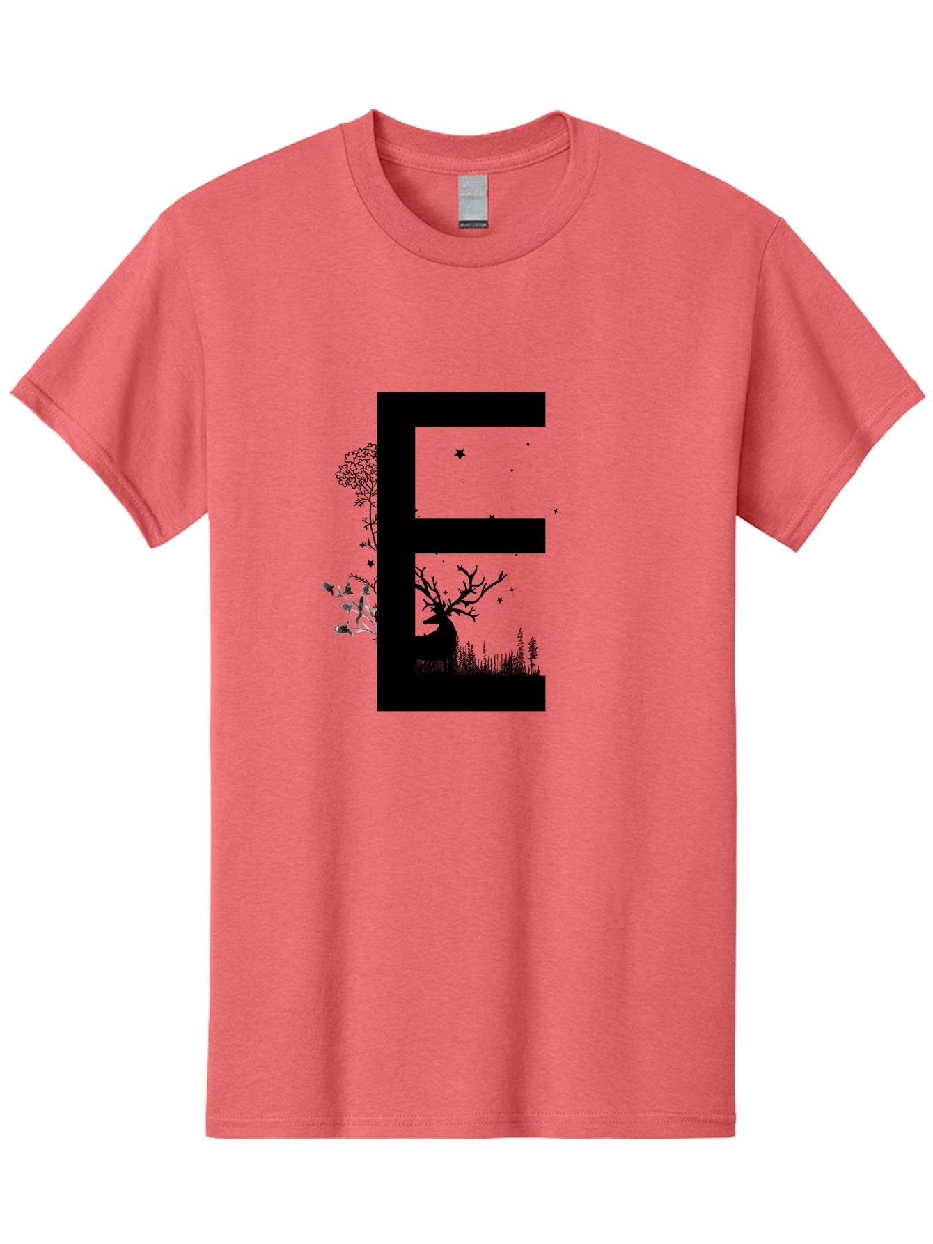 E Men'S Graphic Tee, 100% Cotton, Comfortable Casual Summer Wear, Machine Washable, Large Letter E, Tree Silhouettes, Floral Elements, Nature-Inspired Design, Creative Typography, Artistic Lettering, Botanical Art, Whimsical Style, Aac304 14
