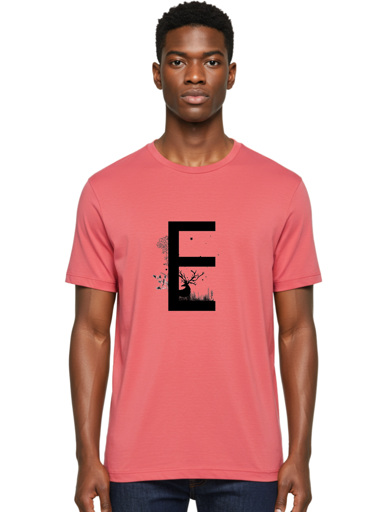 E Men'S Graphic Tee, 100% Cotton, Comfortable Casual Summer Wear, Machine Washable, Large Letter E, Tree Silhouettes, Floral Elements, Nature-Inspired Design, Creative Typography, Artistic Lettering, Botanical Art, Whimsical Style, Aac304 4