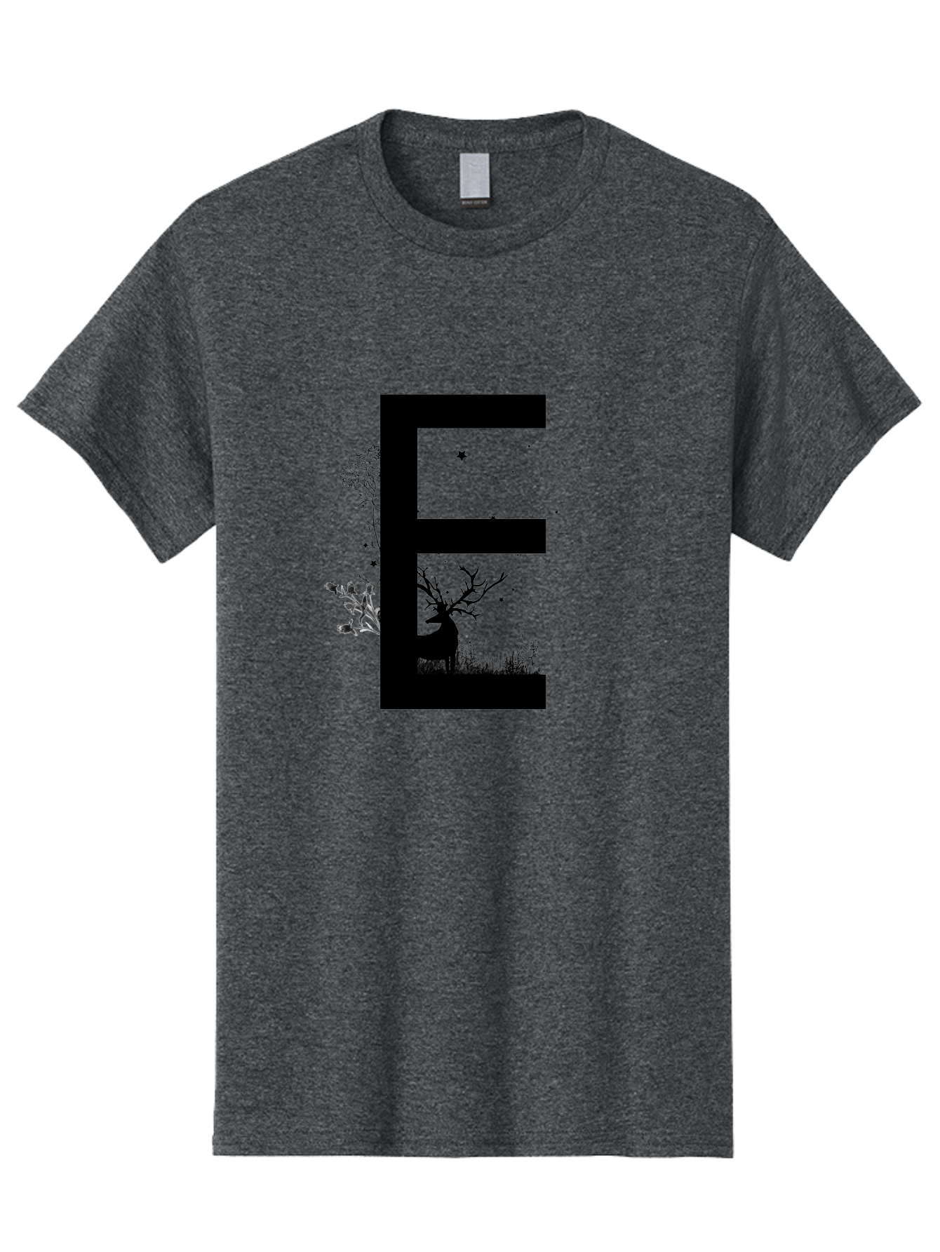 E Men'S Graphic Tee, 100% Cotton, Comfortable Casual Summer Wear, Machine Washable, Large Letter E, Tree Silhouettes, Floral Elements, Nature-Inspired Design, Creative Typography, Artistic Lettering, Botanical Art, Whimsical Style, Aac304 25