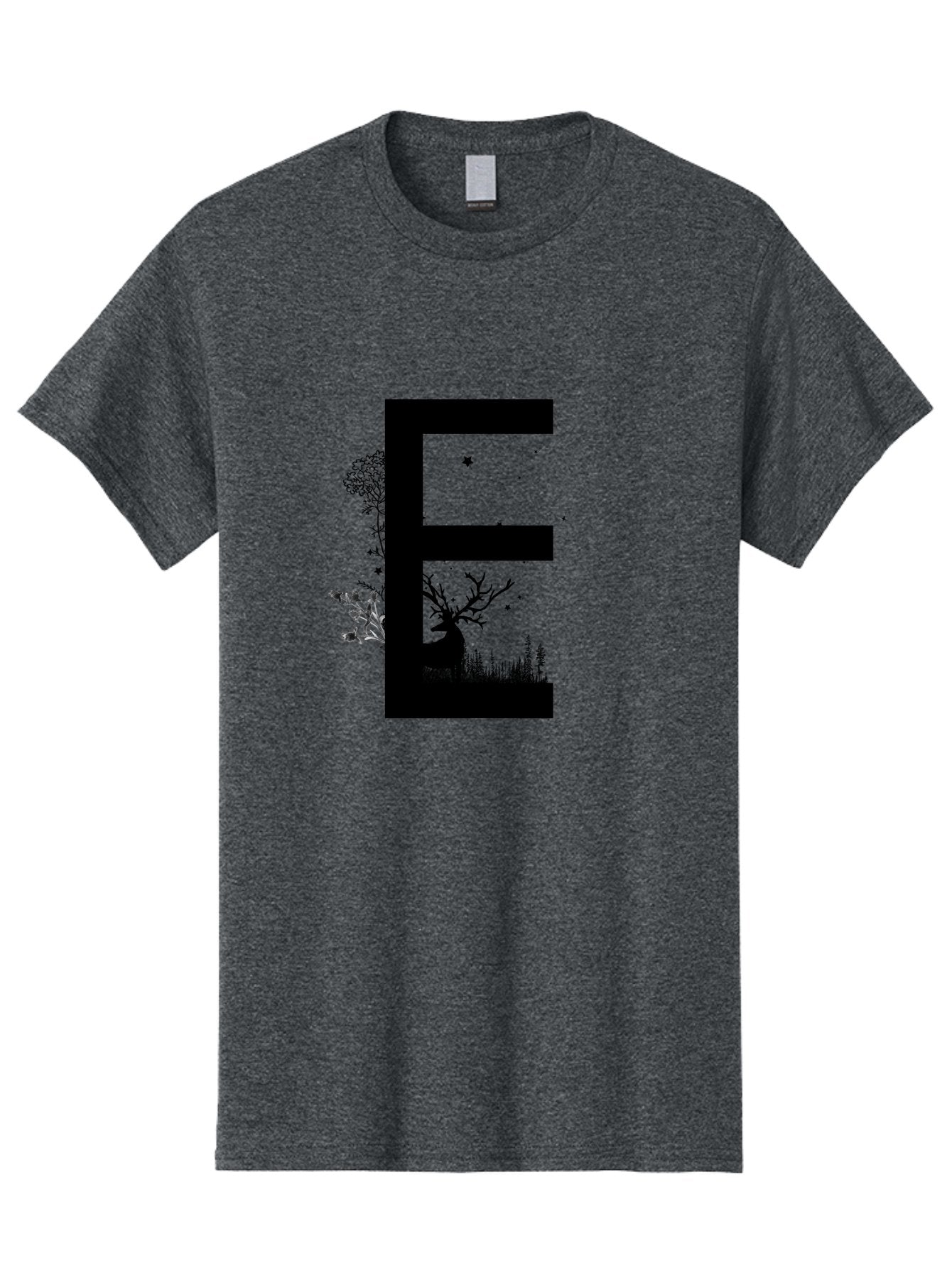 E Men'S Graphic Tee, 100% Cotton, Comfortable Casual Summer Wear, Machine Washable, Large Letter E, Tree Silhouettes, Floral Elements, Nature-Inspired Design, Creative Typography, Artistic Lettering, Botanical Art, Whimsical Style, Aac304 7