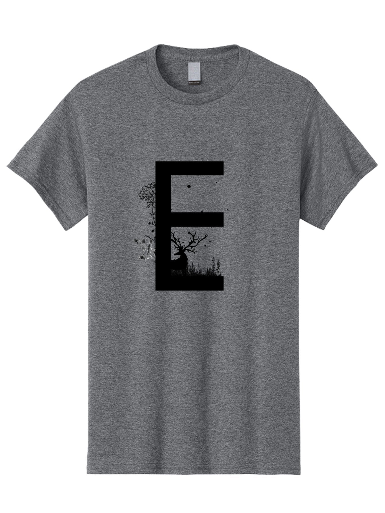 E Men'S Graphic Tee, 100% Cotton, Comfortable Casual Summer Wear, Machine Washable, Large Letter E, Tree Silhouettes, Floral Elements, Nature-Inspired Design, Creative Typography, Artistic Lettering, Botanical Art, Whimsical Style, Aac304 5