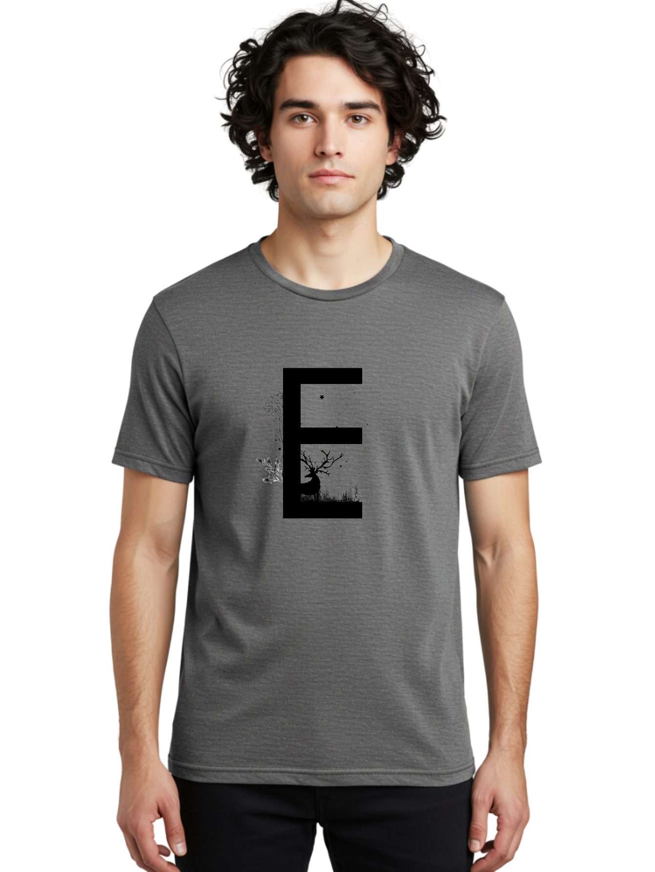 E Men'S Graphic Tee, 100% Cotton, Comfortable Casual Summer Wear, Machine Washable, Large Letter E, Tree Silhouettes, Floral Elements, Nature-Inspired Design, Creative Typography, Artistic Lettering, Botanical Art, Whimsical Style, Aac304 16