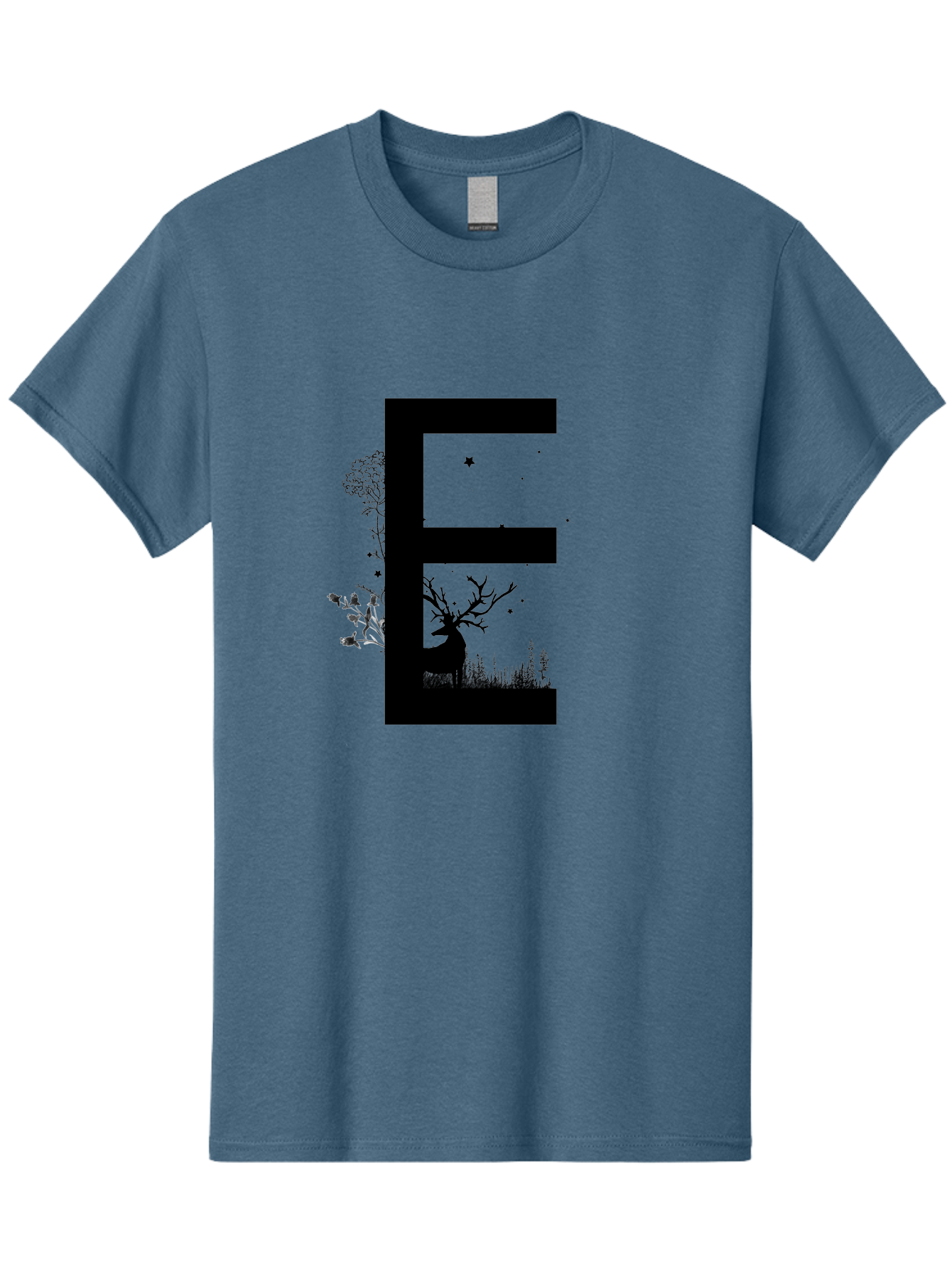 E Men'S Graphic Tee, 100% Cotton, Comfortable Casual Summer Wear, Machine Washable, Large Letter E, Tree Silhouettes, Floral Elements, Nature-Inspired Design, Creative Typography, Artistic Lettering, Botanical Art, Whimsical Style, Aac304 7