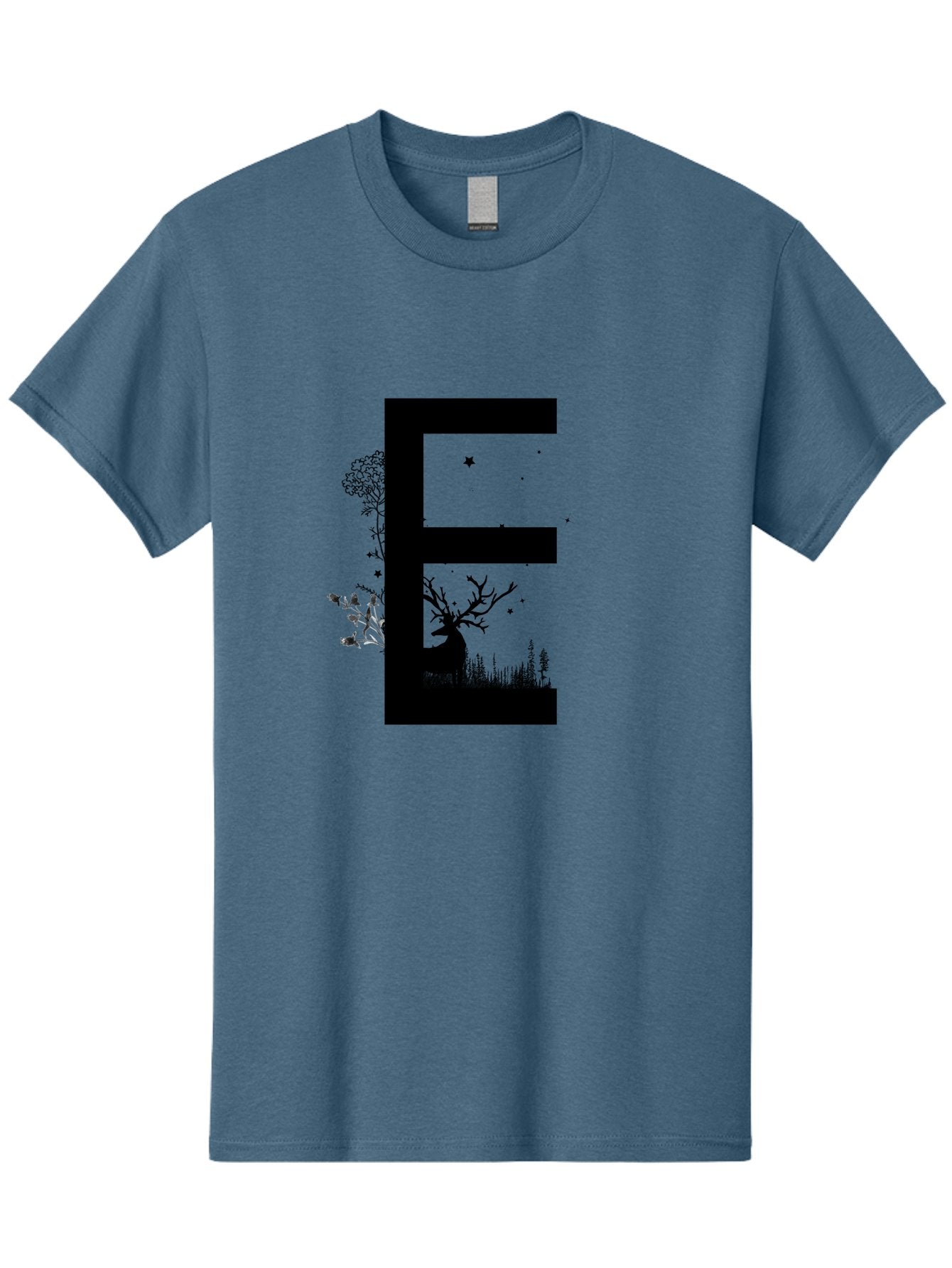 E Men'S Graphic Tee, 100% Cotton, Comfortable Casual Summer Wear, Machine Washable, Large Letter E, Tree Silhouettes, Floral Elements, Nature-Inspired Design, Creative Typography, Artistic Lettering, Botanical Art, Whimsical Style, Aac304 11
