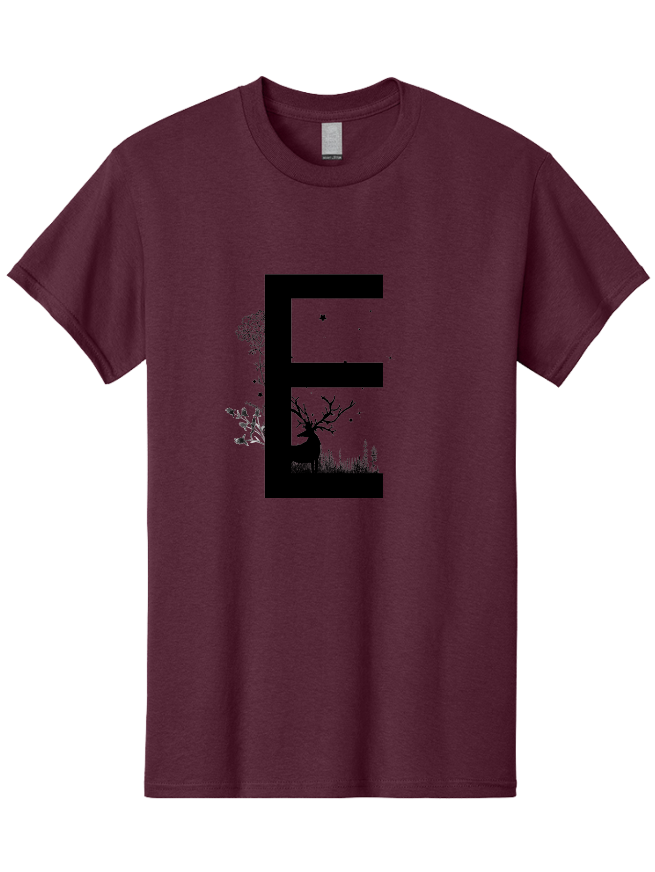E Men'S Graphic Tee, 100% Cotton, Comfortable Casual Summer Wear, Machine Washable, Large Letter E, Tree Silhouettes, Floral Elements, Nature-Inspired Design, Creative Typography, Artistic Lettering, Botanical Art, Whimsical Style, Aac304 11