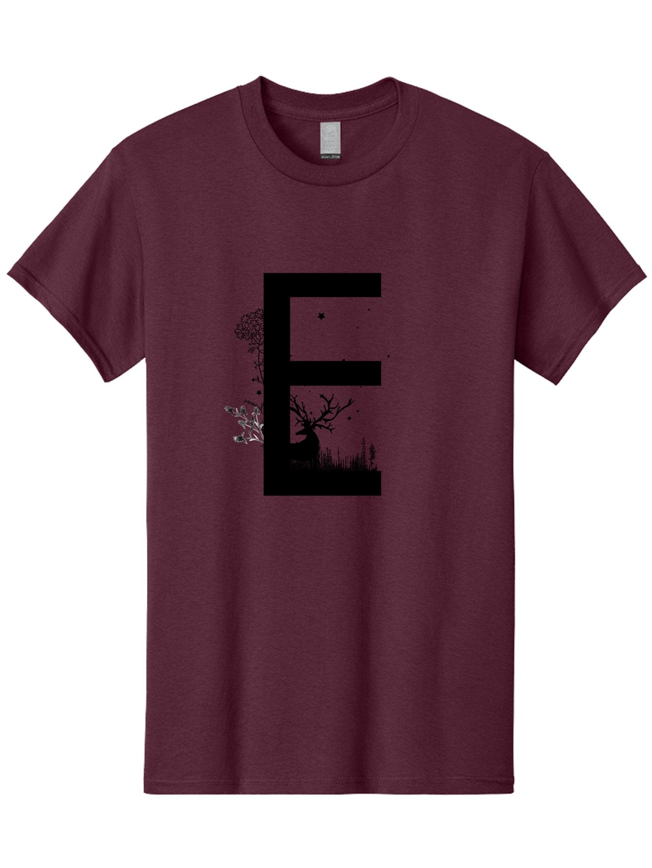 E Men'S Graphic Tee, 100% Cotton, Comfortable Casual Summer Wear, Machine Washable, Large Letter E, Tree Silhouettes, Floral Elements, Nature-Inspired Design, Creative Typography, Artistic Lettering, Botanical Art, Whimsical Style, Aac304 8