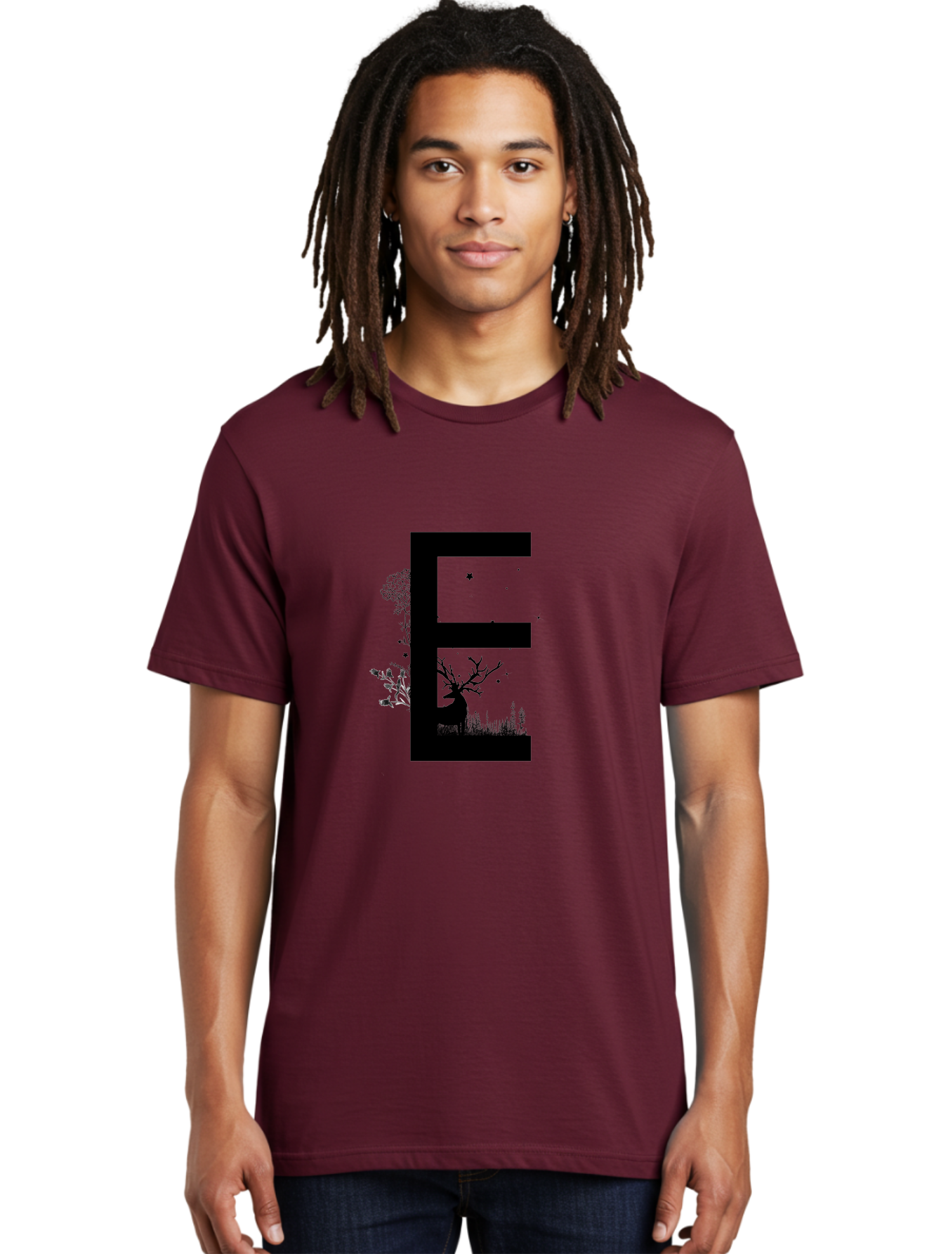 E Men'S Graphic Tee, 100% Cotton, Comfortable Casual Summer Wear, Machine Washable, Large Letter E, Tree Silhouettes, Floral Elements, Nature-Inspired Design, Creative Typography, Artistic Lettering, Botanical Art, Whimsical Style, Aac304 12