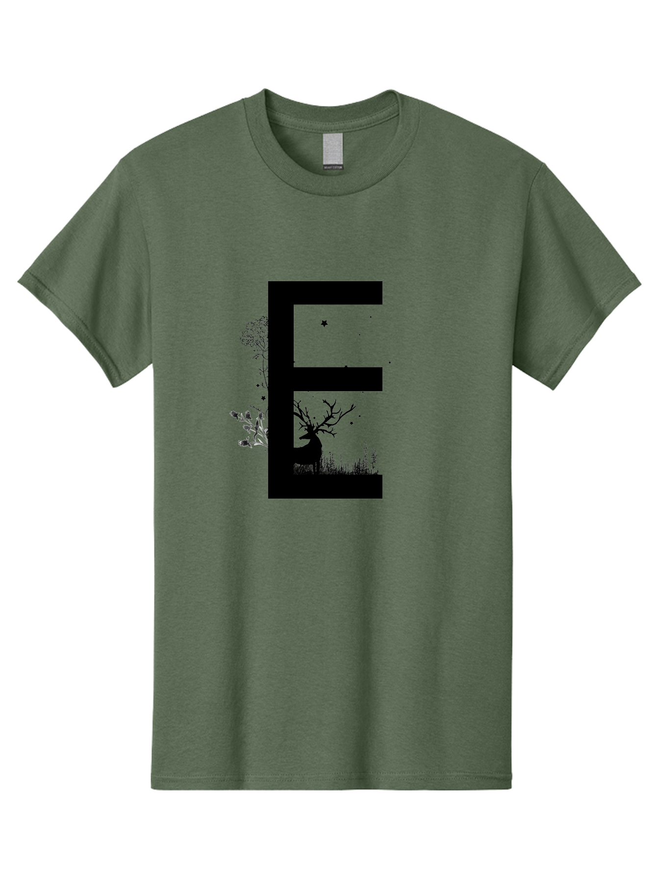 E Men'S Graphic Tee, 100% Cotton, Comfortable Casual Summer Wear, Machine Washable, Large Letter E, Tree Silhouettes, Floral Elements, Nature-Inspired Design, Creative Typography, Artistic Lettering, Botanical Art, Whimsical Style, Aac304 5