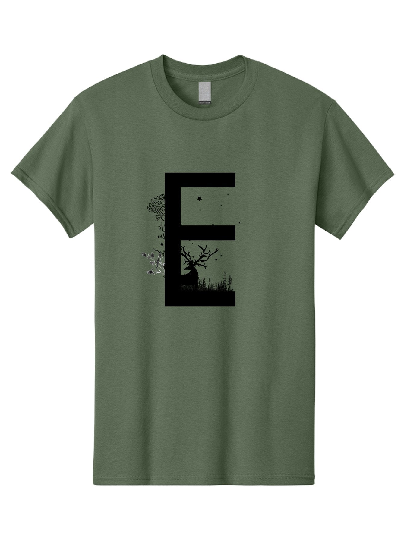 E Men'S Graphic Tee, 100% Cotton, Comfortable Casual Summer Wear, Machine Washable, Large Letter E, Tree Silhouettes, Floral Elements, Nature-Inspired Design, Creative Typography, Artistic Lettering, Botanical Art, Whimsical Style, Aac304 12
