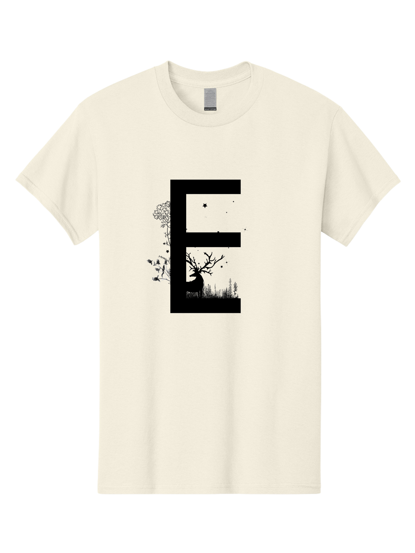 E Men'S Graphic Tee, 100% Cotton, Comfortable Casual Summer Wear, Machine Washable, Large Letter E, Tree Silhouettes, Floral Elements, Nature-Inspired Design, Creative Typography, Artistic Lettering, Botanical Art, Whimsical Style, Aac304 29