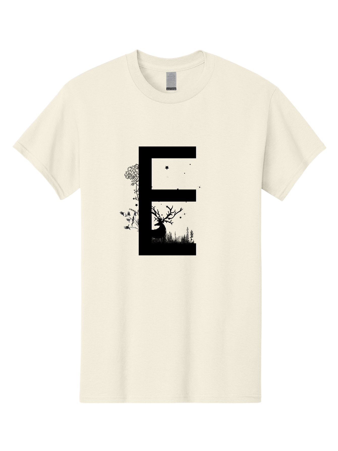 E Men'S Graphic Tee, 100% Cotton, Comfortable Casual Summer Wear, Machine Washable, Large Letter E, Tree Silhouettes, Floral Elements, Nature-Inspired Design, Creative Typography, Artistic Lettering, Botanical Art, Whimsical Style, Aac304 13