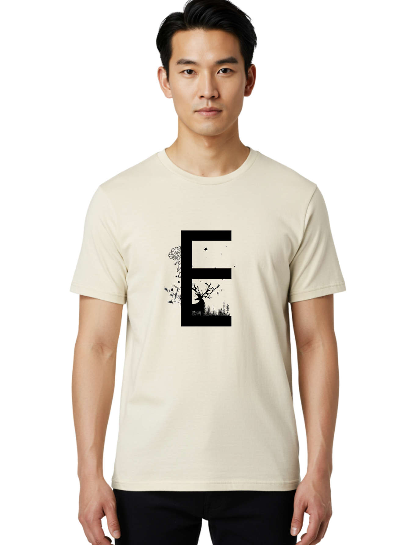 E Men'S Graphic Tee, 100% Cotton, Comfortable Casual Summer Wear, Machine Washable, Large Letter E, Tree Silhouettes, Floral Elements, Nature-Inspired Design, Creative Typography, Artistic Lettering, Botanical Art, Whimsical Style, Aac304 30
