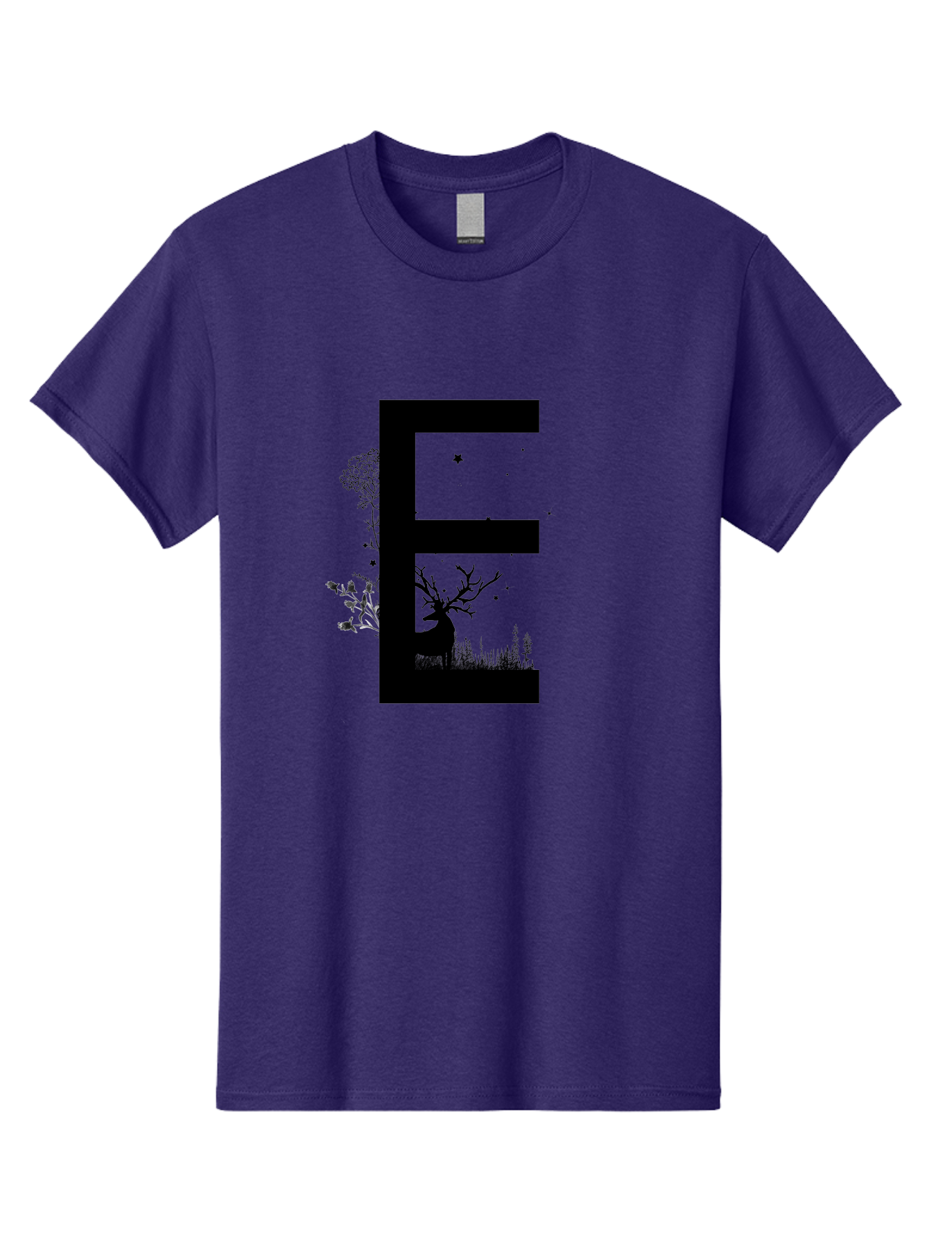 E Men'S Graphic Tee, 100% Cotton, Comfortable Casual Summer Wear, Machine Washable, Large Letter E, Tree Silhouettes, Floral Elements, Nature-Inspired Design, Creative Typography, Artistic Lettering, Botanical Art, Whimsical Style, Aac304 9