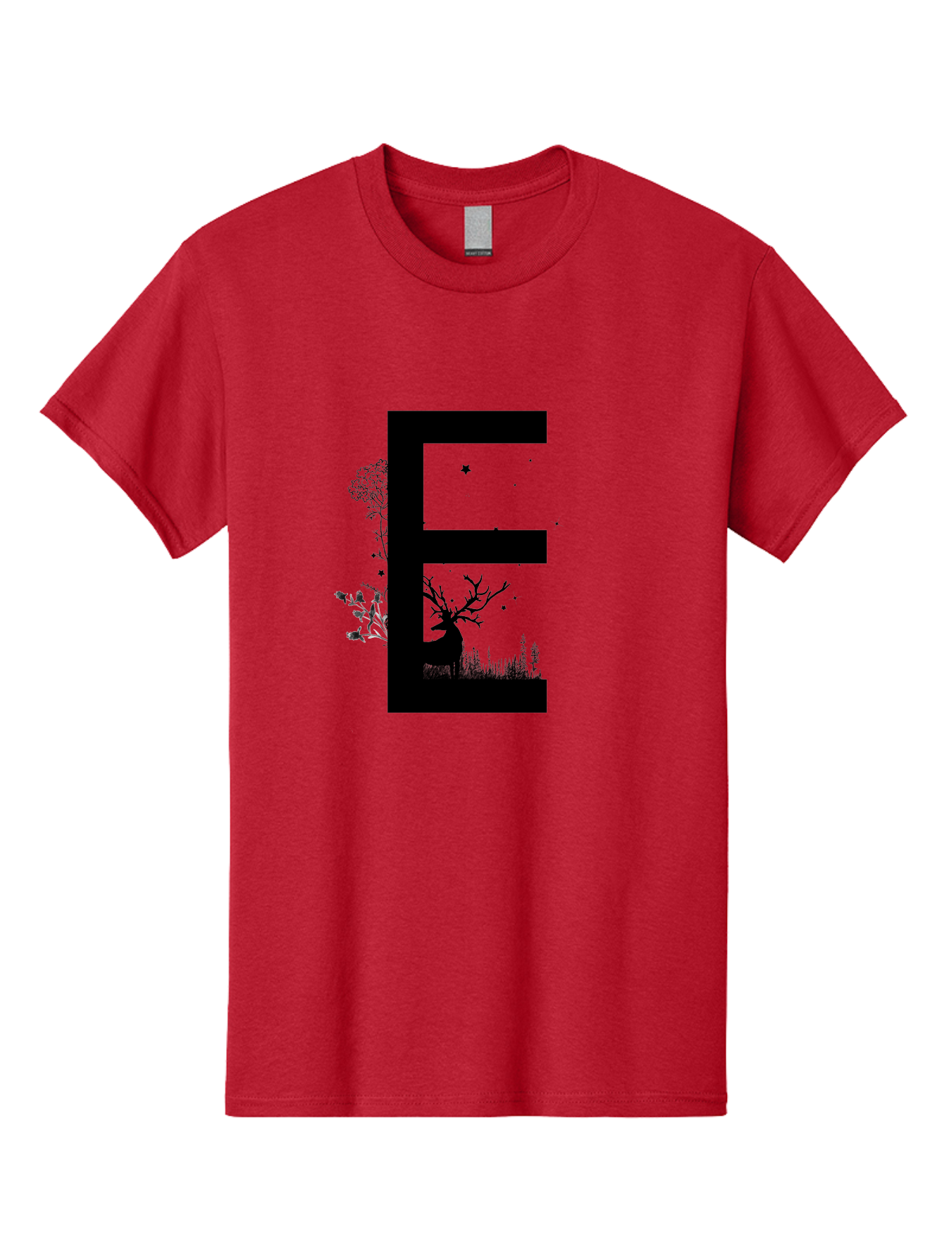 E Men'S Graphic Tee, 100% Cotton, Comfortable Casual Summer Wear, Machine Washable, Large Letter E, Tree Silhouettes, Floral Elements, Nature-Inspired Design, Creative Typography, Artistic Lettering, Botanical Art, Whimsical Style, Aac304 27
