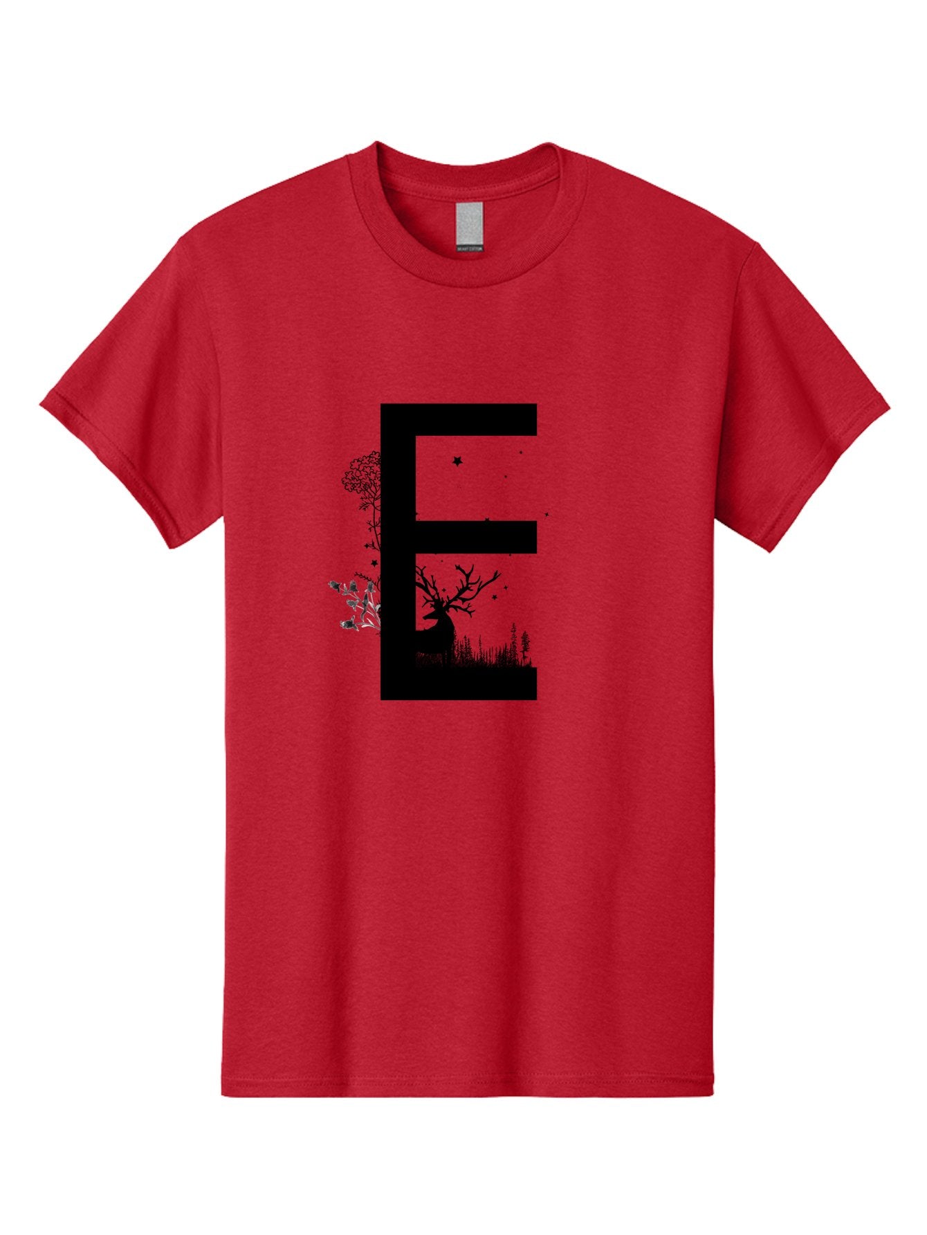 E Men'S Graphic Tee, 100% Cotton, Comfortable Casual Summer Wear, Machine Washable, Large Letter E, Tree Silhouettes, Floral Elements, Nature-Inspired Design, Creative Typography, Artistic Lettering, Botanical Art, Whimsical Style, Aac304 10