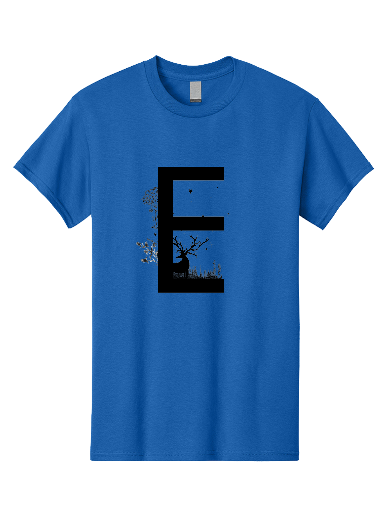 E Men'S Graphic Tee, 100% Cotton, Comfortable Casual Summer Wear, Machine Washable, Large Letter E, Tree Silhouettes, Floral Elements, Nature-Inspired Design, Creative Typography, Artistic Lettering, Botanical Art, Whimsical Style, Aac304 19