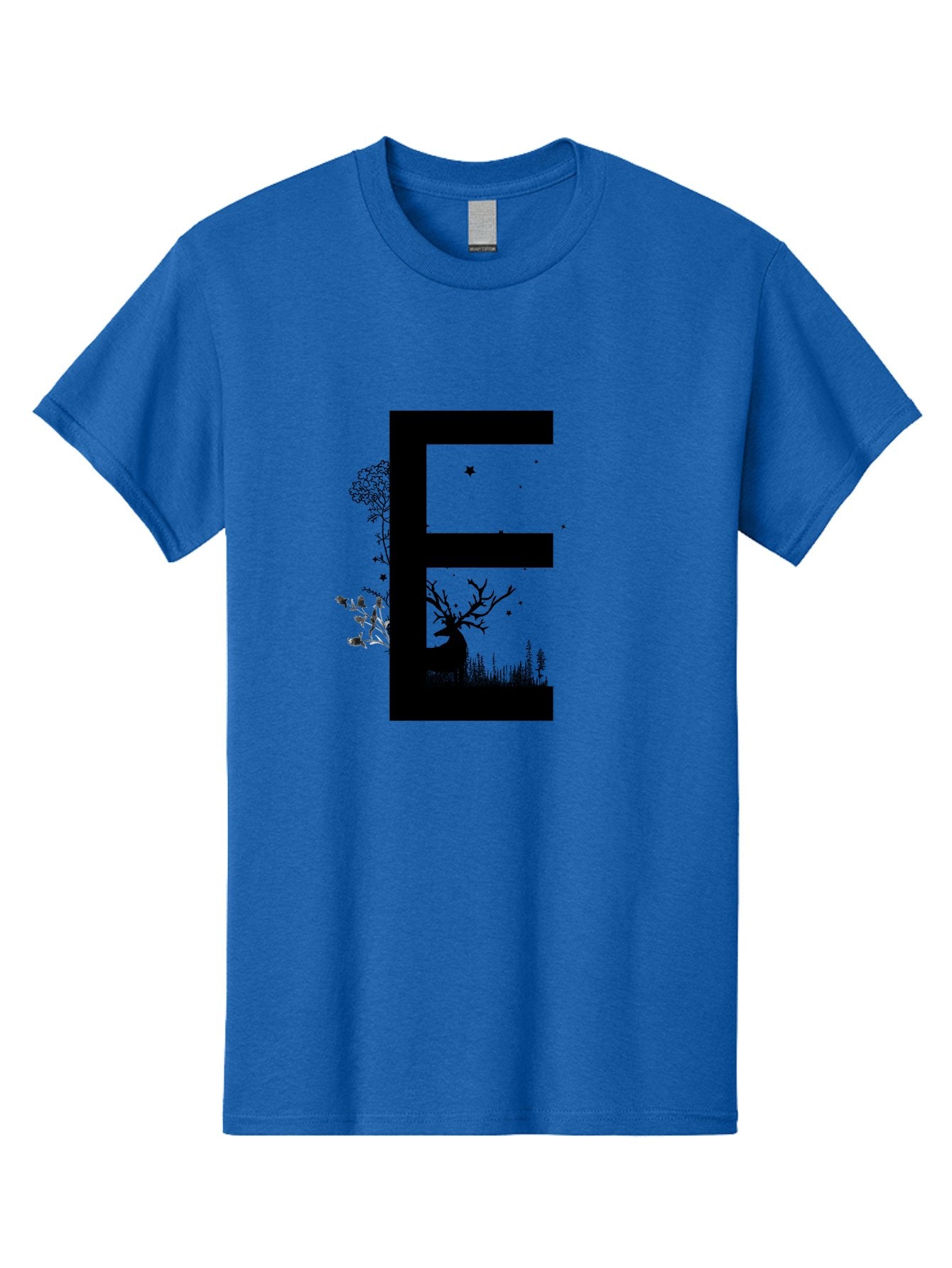 E Men'S Graphic Tee, 100% Cotton, Comfortable Casual Summer Wear, Machine Washable, Large Letter E, Tree Silhouettes, Floral Elements, Nature-Inspired Design, Creative Typography, Artistic Lettering, Botanical Art, Whimsical Style, Aac304