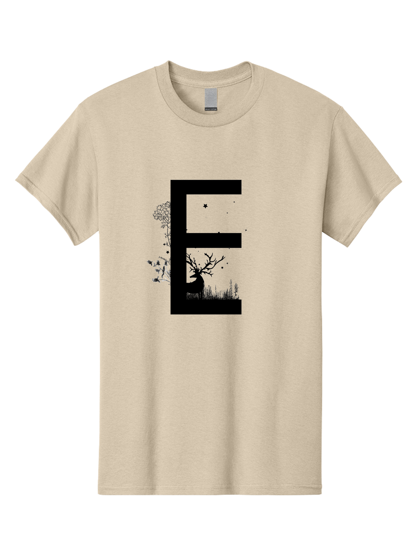E Men'S Graphic Tee, 100% Cotton, Comfortable Casual Summer Wear, Machine Washable, Large Letter E, Tree Silhouettes, Floral Elements, Nature-Inspired Design, Creative Typography, Artistic Lettering, Botanical Art, Whimsical Style, Aac304 23