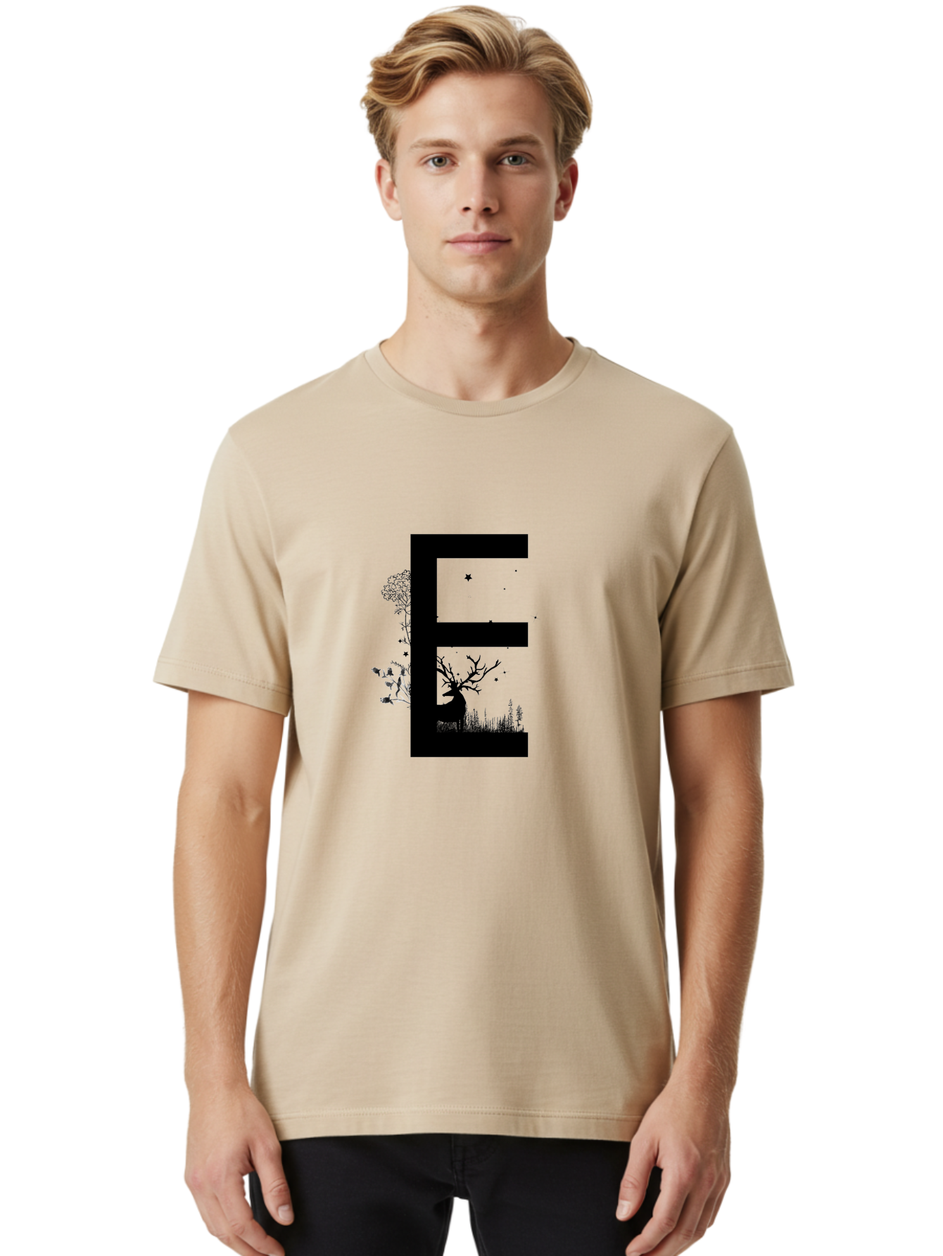 E Men'S Graphic Tee, 100% Cotton, Comfortable Casual Summer Wear, Machine Washable, Large Letter E, Tree Silhouettes, Floral Elements, Nature-Inspired Design, Creative Typography, Artistic Lettering, Botanical Art, Whimsical Style, Aac304 24