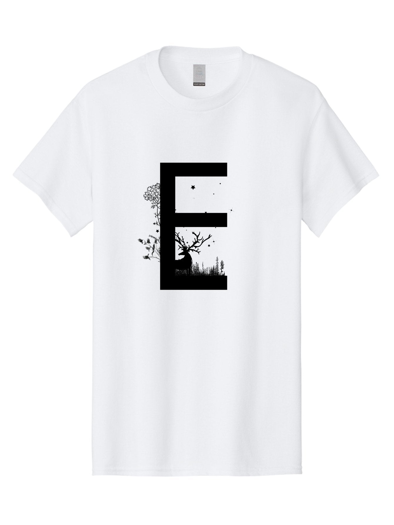 E Men'S Graphic Tee, 100% Cotton, Comfortable Casual Summer Wear, Machine Washable, Large Letter E, Tree Silhouettes, Floral Elements, Nature-Inspired Design, Creative Typography, Artistic Lettering, Botanical Art, Whimsical Style, Aac304 15