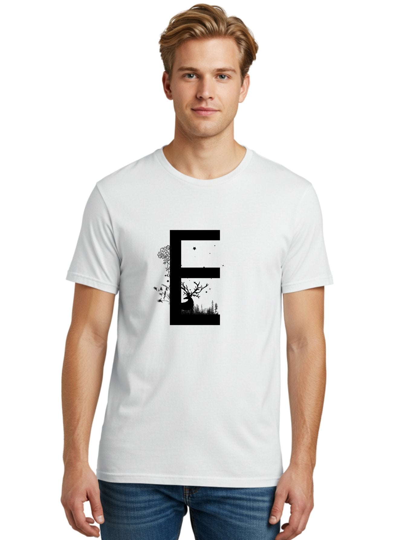 E Men'S Graphic Tee, 100% Cotton, Comfortable Casual Summer Wear, Machine Washable, Large Letter E, Tree Silhouettes, Floral Elements, Nature-Inspired Design, Creative Typography, Artistic Lettering, Botanical Art, Whimsical Style, Aac304 30