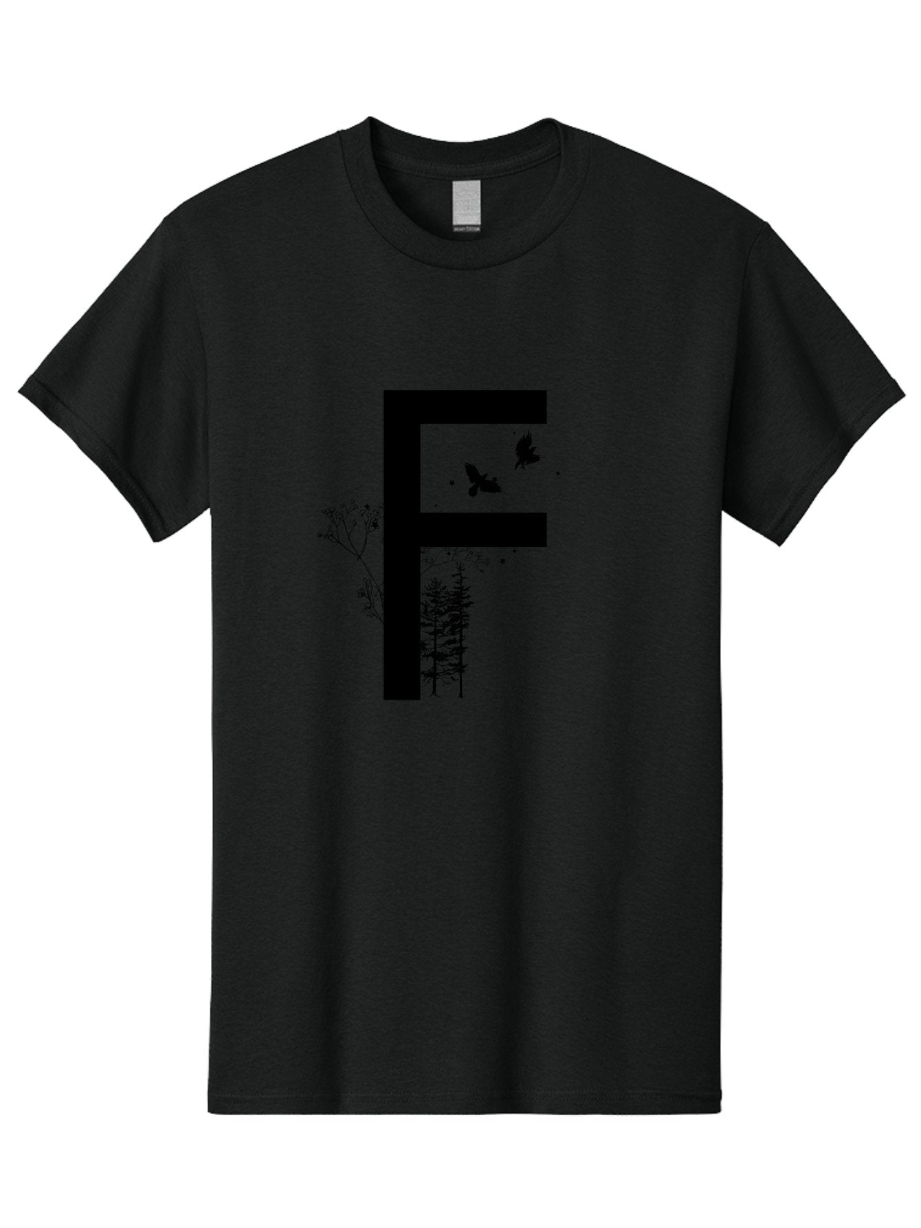F Men'S Graphic Tee, 100% Cotton, Comfortable Casual Summer Wear, Machine Washable, Stylized Letter F, Black Typography, Nature Elements, Flowers, Trees, Birds In Flight, Natural Scenery, Forest Landscape, Artistic Design, Creative Typography Aac306 12