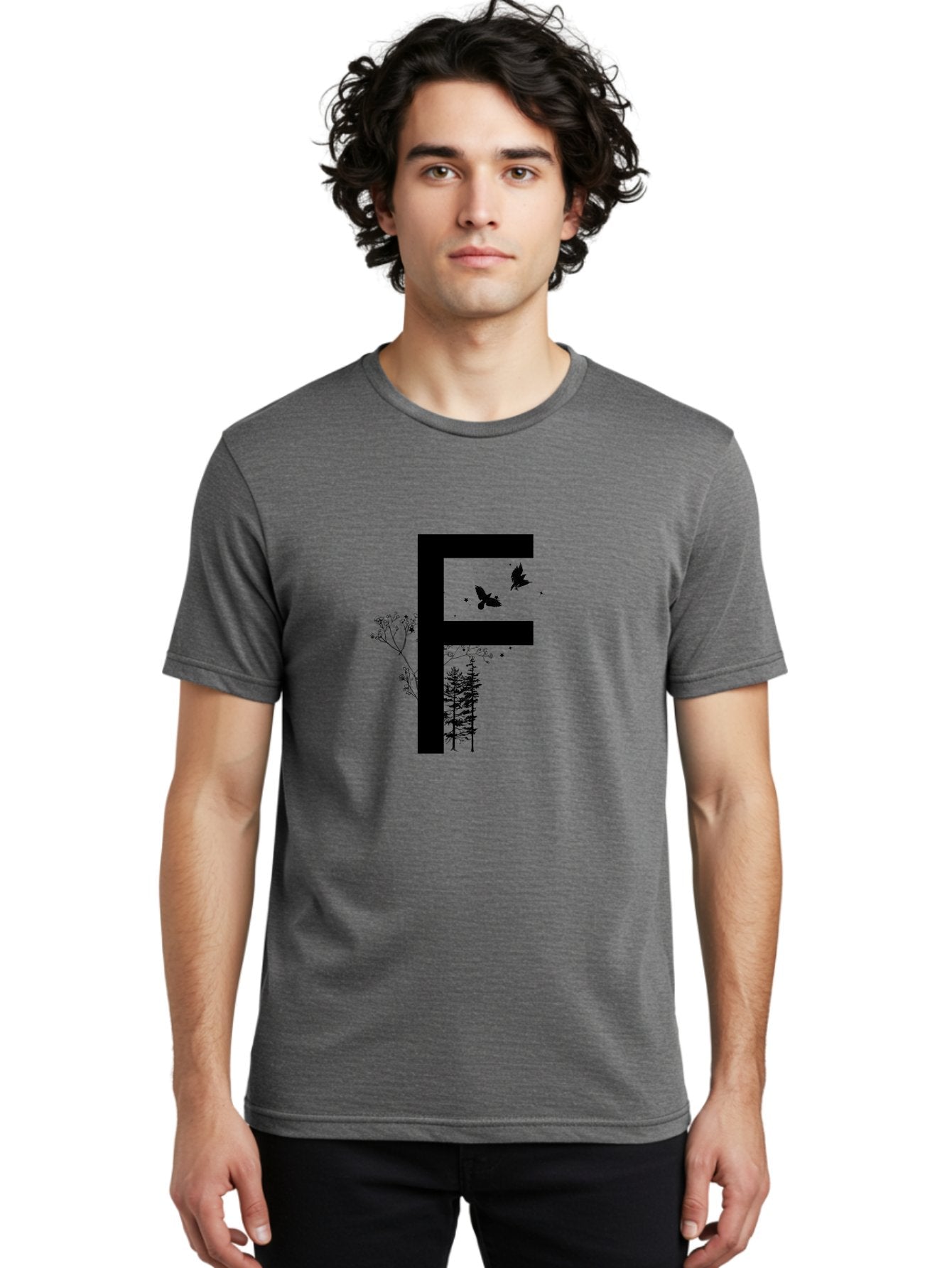 F Men'S Graphic Tee, 100% Cotton, Comfortable Casual Summer Wear, Machine Washable, Stylized Letter F, Black Typography, Nature Elements, Flowers, Trees, Birds In Flight, Natural Scenery, Forest Landscape, Artistic Design, Creative Typography Aac306 27
