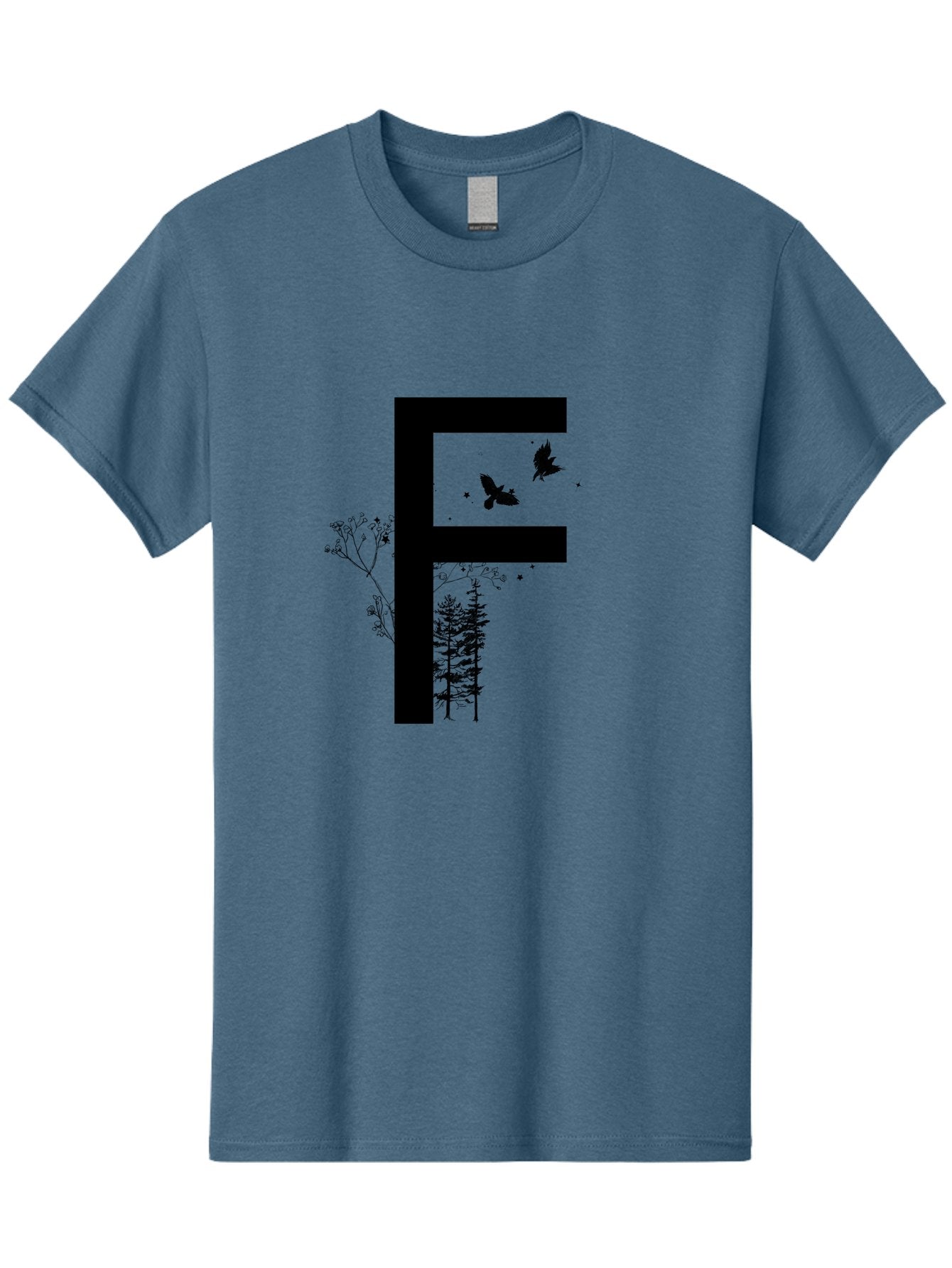 F Men'S Graphic Tee, 100% Cotton, Comfortable Casual Summer Wear, Machine Washable, Stylized Letter F, Black Typography, Nature Elements, Flowers, Trees, Birds In Flight, Natural Scenery, Forest Landscape, Artistic Design, Creative Typography Aac306 6