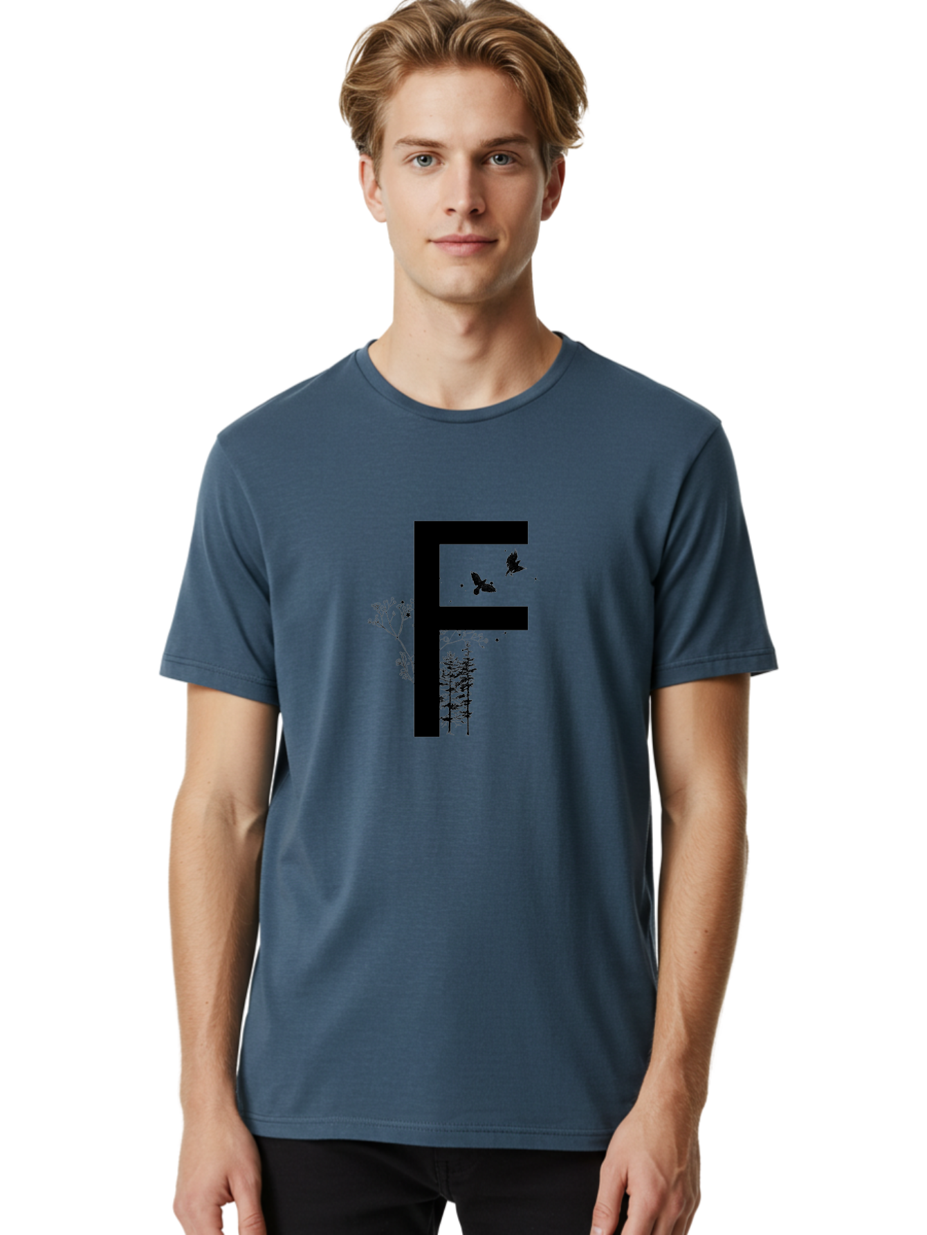F Men'S Graphic Tee, 100% Cotton, Comfortable Casual Summer Wear, Machine Washable, Stylized Letter F, Black Typography, Nature Elements, Flowers, Trees, Birds In Flight, Natural Scenery, Forest Landscape, Artistic Design, Creative Typography Aac306 14