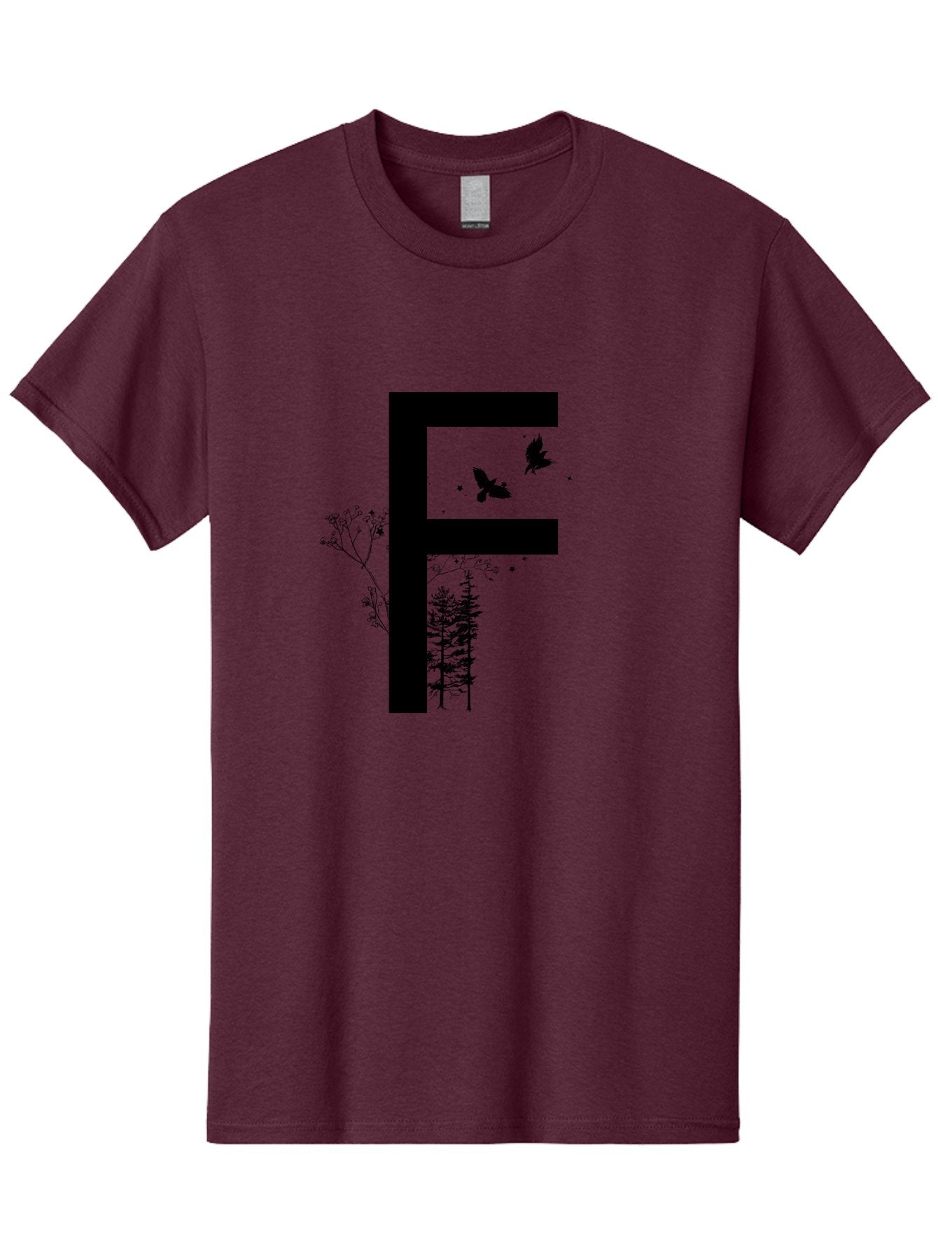 F Men'S Graphic Tee, 100% Cotton, Comfortable Casual Summer Wear, Machine Washable, Stylized Letter F, Black Typography, Nature Elements, Flowers, Trees, Birds In Flight, Natural Scenery, Forest Landscape, Artistic Design, Creative Typography Aac306 13