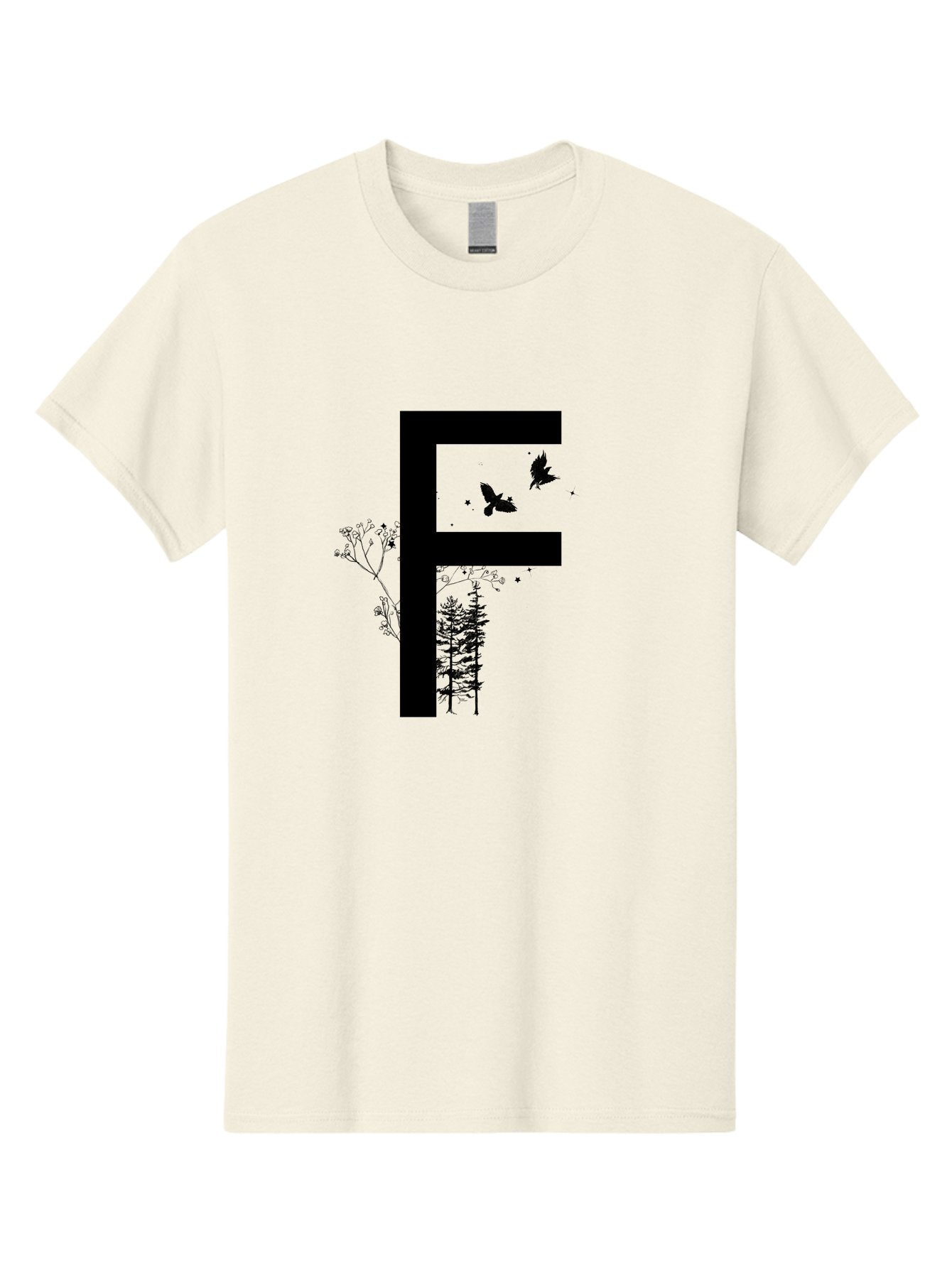 F Men'S Graphic Tee, 100% Cotton, Comfortable Casual Summer Wear, Machine Washable, Stylized Letter F, Black Typography, Nature Elements, Flowers, Trees, Birds In Flight, Natural Scenery, Forest Landscape, Artistic Design, Creative Typography Aac306 14