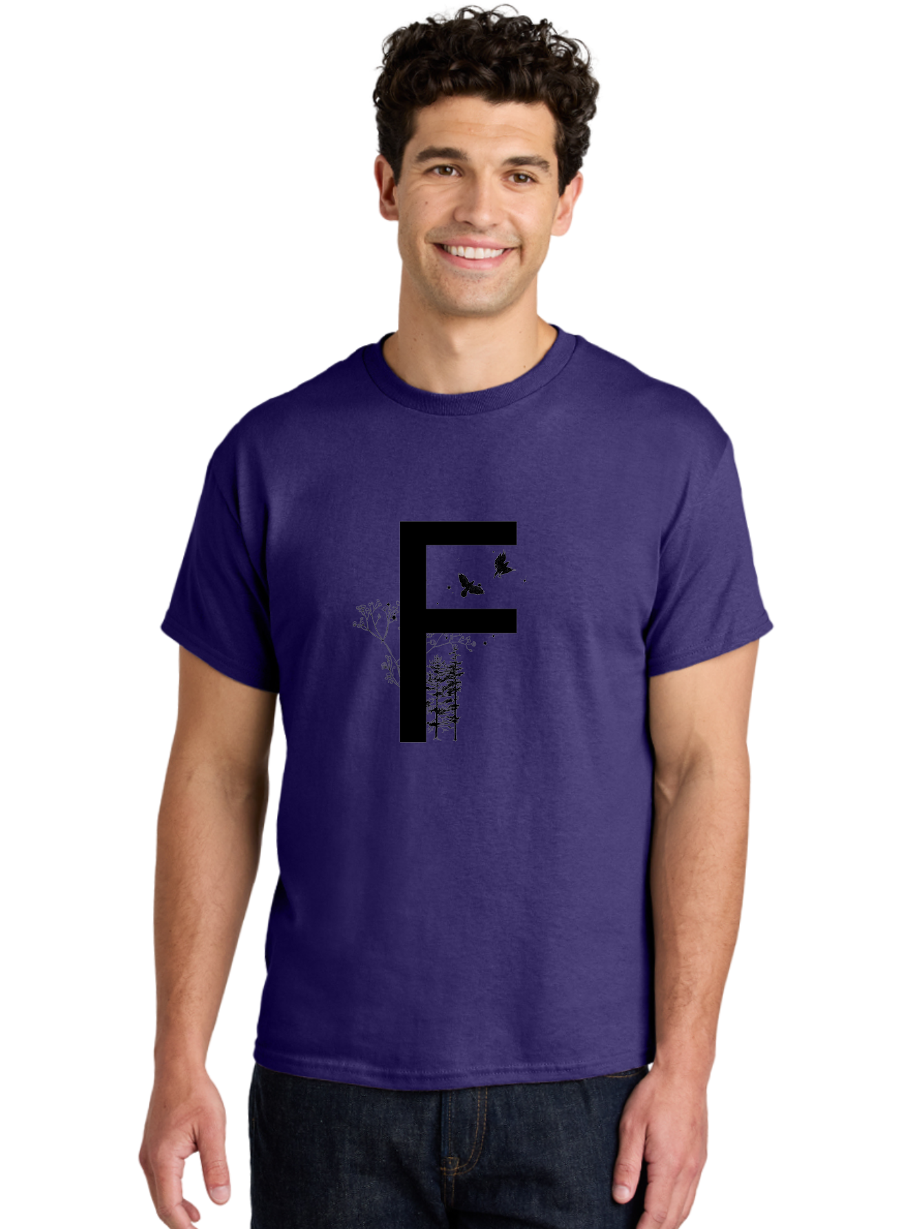 F Men'S Graphic Tee, 100% Cotton, Comfortable Casual Summer Wear, Machine Washable, Stylized Letter F, Black Typography, Nature Elements, Flowers, Trees, Birds In Flight, Natural Scenery, Forest Landscape, Artistic Design, Creative Typography Aac306