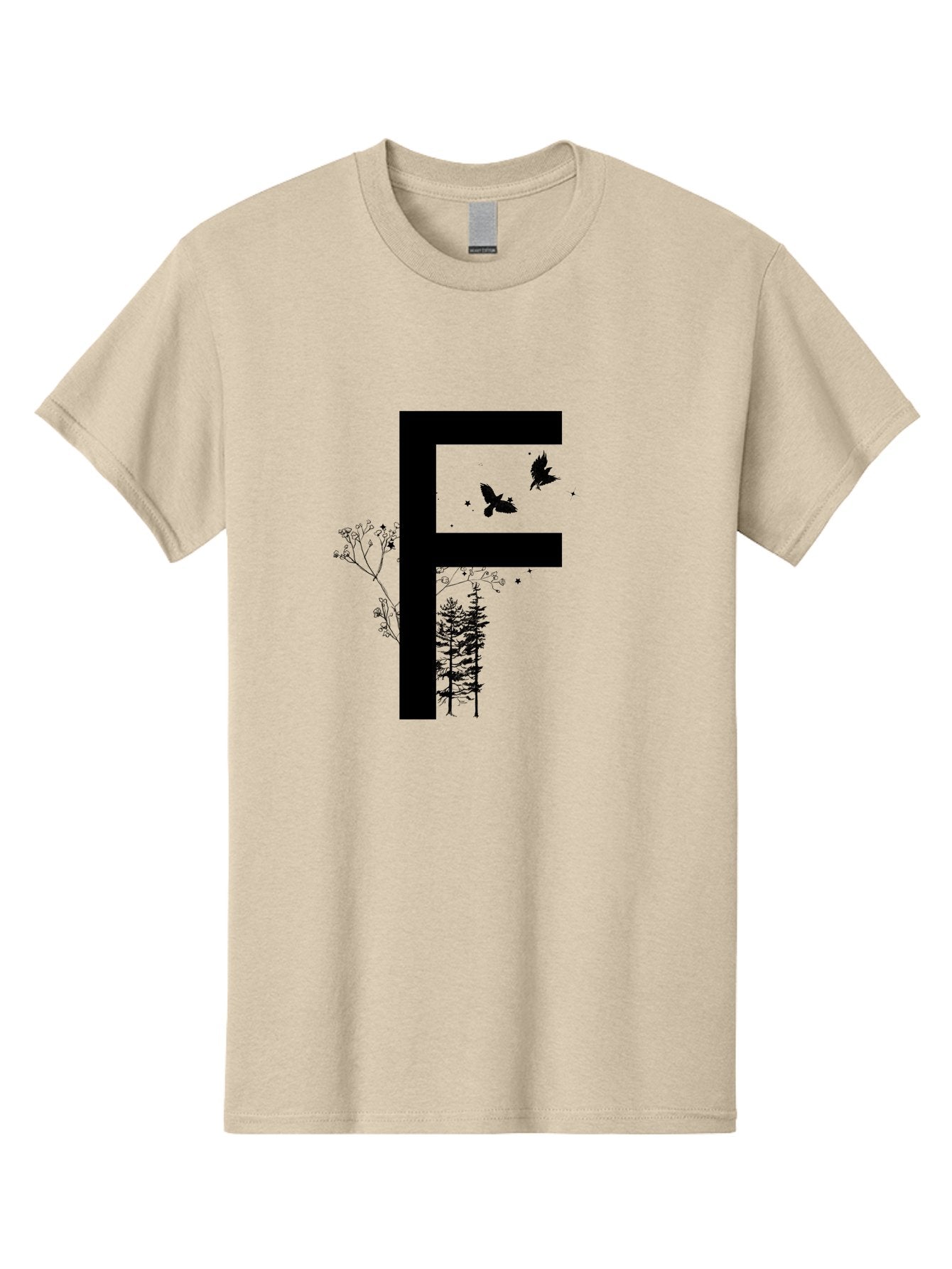 F Men'S Graphic Tee, 100% Cotton, Comfortable Casual Summer Wear, Machine Washable, Stylized Letter F, Black Typography, Nature Elements, Flowers, Trees, Birds In Flight, Natural Scenery, Forest Landscape, Artistic Design, Creative Typography Aac306 3