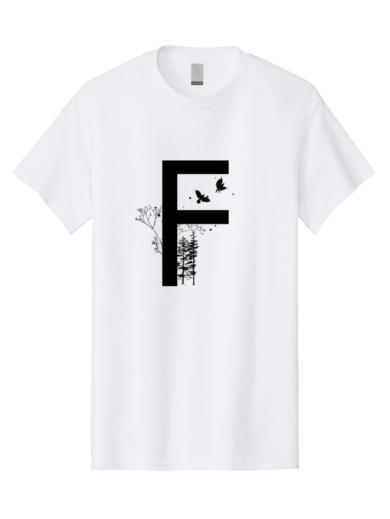 F Men'S Graphic Tee, 100% Cotton, Comfortable Casual Summer Wear, Machine Washable, Stylized Letter F, Black Typography, Nature Elements, Flowers, Trees, Birds In Flight, Natural Scenery, Forest Landscape, Artistic Design, Creative Typography Aac306