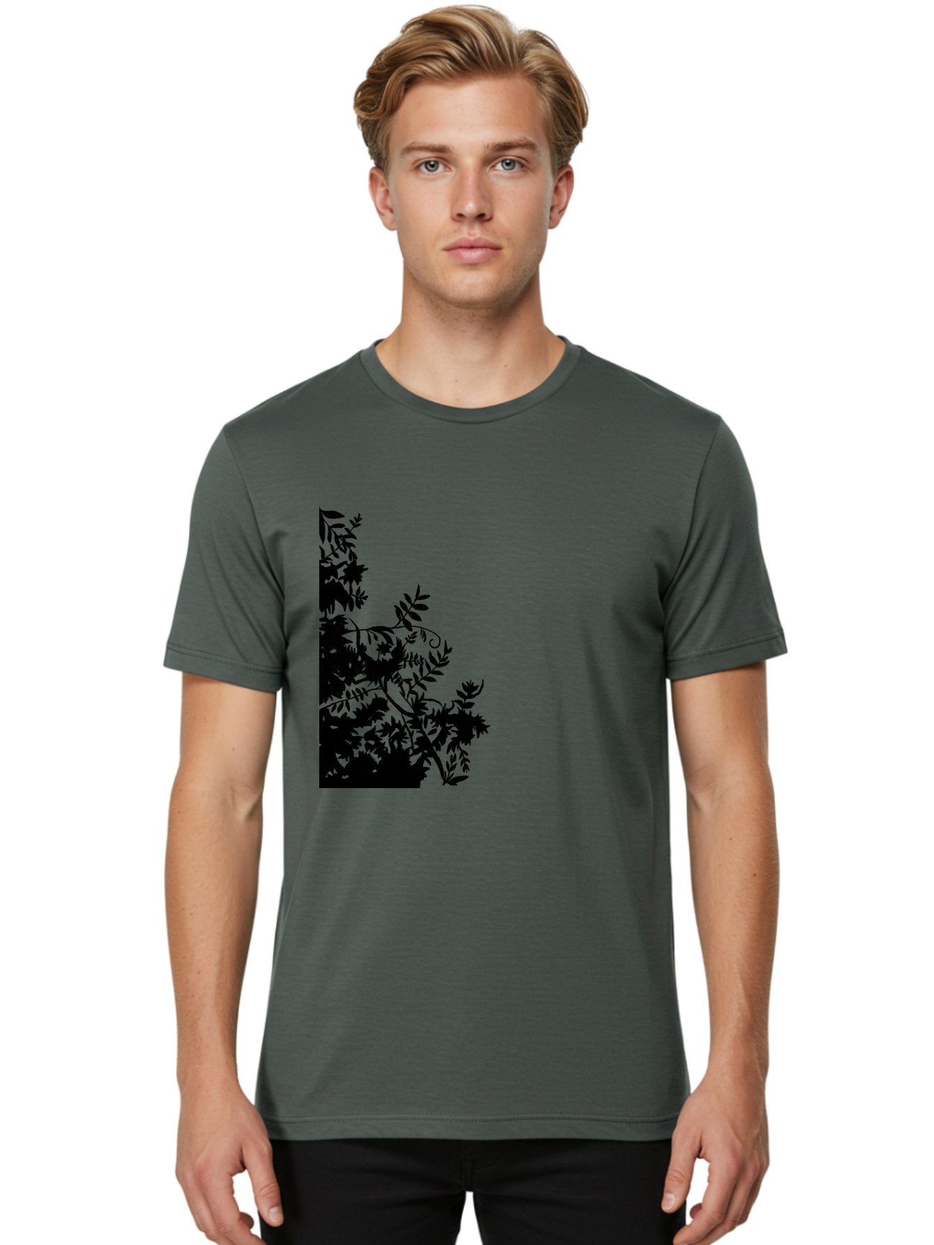 Floral-Silhouette Men'S Graphic Tee, 100% Cotton, Comfortable Casual Summer Wear, Machine Washable, Floral Silhouette, Black Leaves, Twisted Stems, Floral Arrangement, Botanical Design, Delicate Patterns, Intricate Details, Elegant Graphics Aac308 23