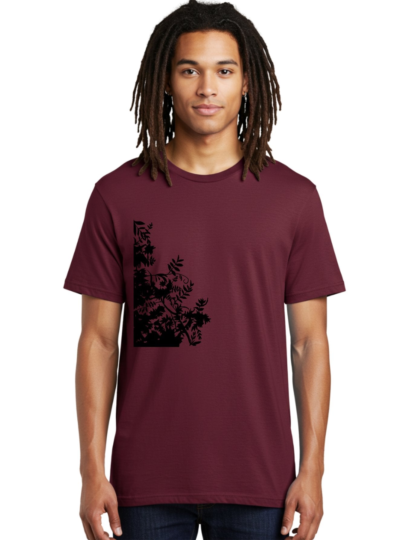 Floral-Silhouette Men'S Graphic Tee, 100% Cotton, Comfortable Casual Summer Wear, Machine Washable, Floral Silhouette, Black Leaves, Twisted Stems, Floral Arrangement, Botanical Design, Delicate Patterns, Intricate Details, Elegant Graphics Aac308 16