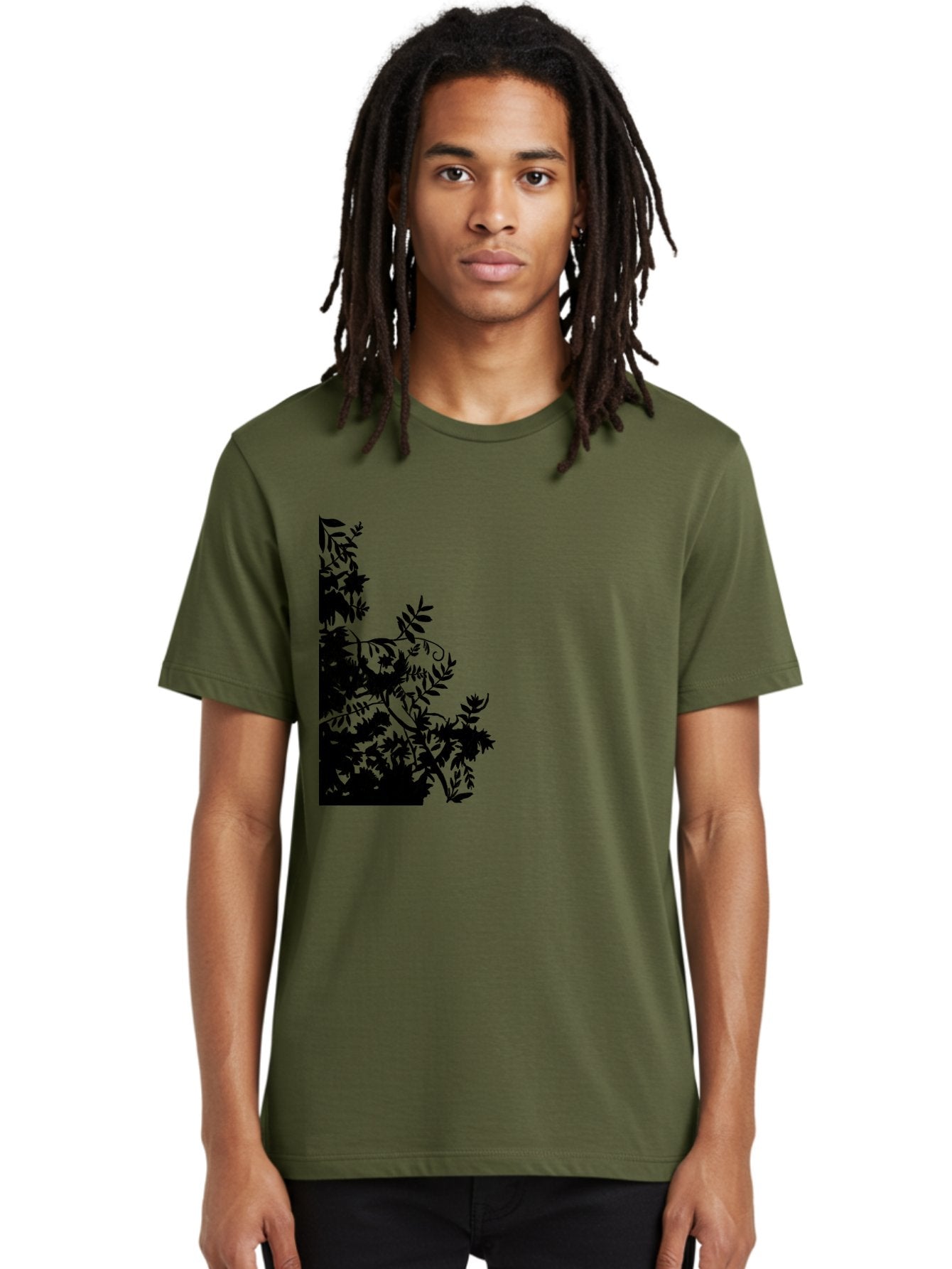 Floral-Silhouette Men'S Graphic Tee, 100% Cotton, Comfortable Casual Summer Wear, Machine Washable, Floral Silhouette, Black Leaves, Twisted Stems, Floral Arrangement, Botanical Design, Delicate Patterns, Intricate Details, Elegant Graphics Aac308 28