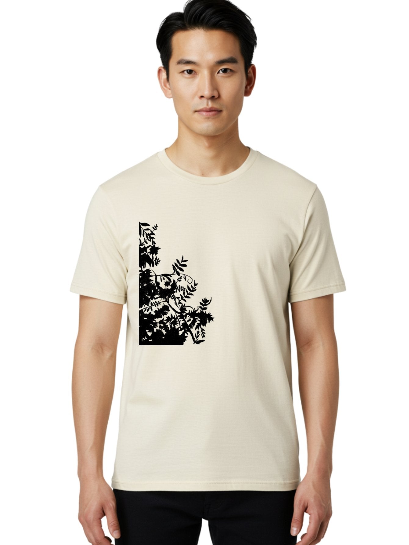Floral-Silhouette Men'S Graphic Tee, 100% Cotton, Comfortable Casual Summer Wear, Machine Washable, Floral Silhouette, Black Leaves, Twisted Stems, Floral Arrangement, Botanical Design, Delicate Patterns, Intricate Details, Elegant Graphics Aac308 29