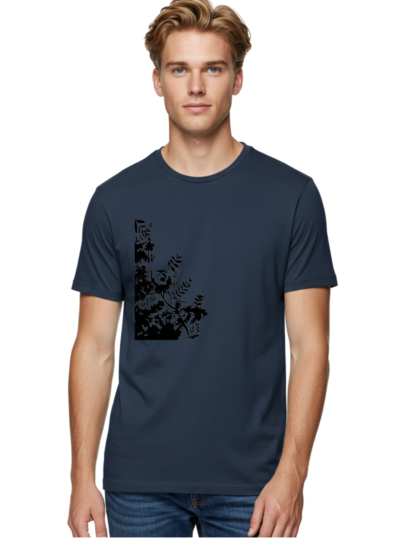 Floral-Silhouette Men'S Graphic Tee, 100% Cotton, Comfortable Casual Summer Wear, Machine Washable, Floral Silhouette, Black Leaves, Twisted Stems, Floral Arrangement, Botanical Design, Delicate Patterns, Intricate Details, Elegant Graphics Aac308 8