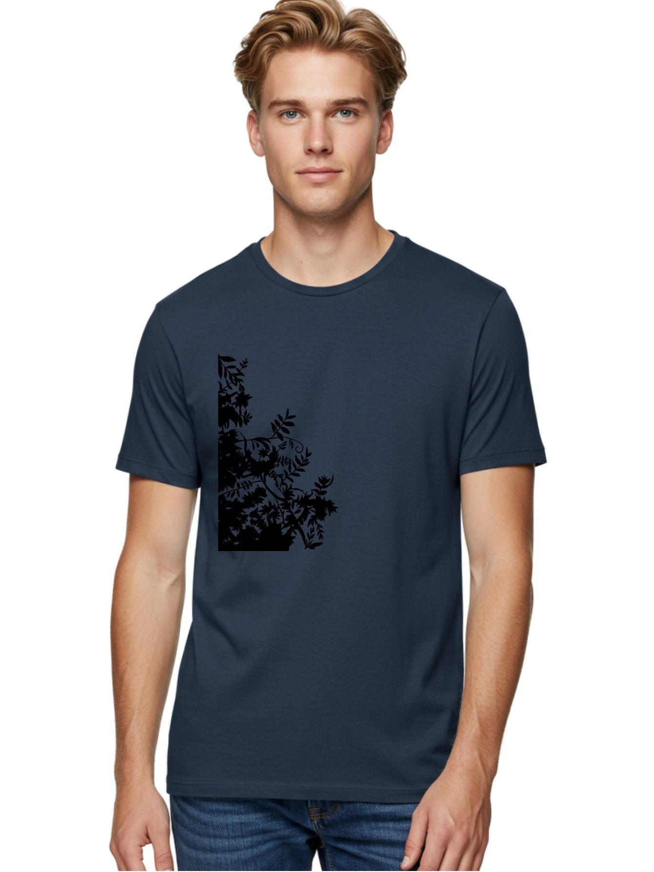 Floral-Silhouette Men'S Graphic Tee, 100% Cotton, Comfortable Casual Summer Wear, Machine Washable, Floral Silhouette, Black Leaves, Twisted Stems, Floral Arrangement, Botanical Design, Delicate Patterns, Intricate Details, Elegant Graphics Aac308 27