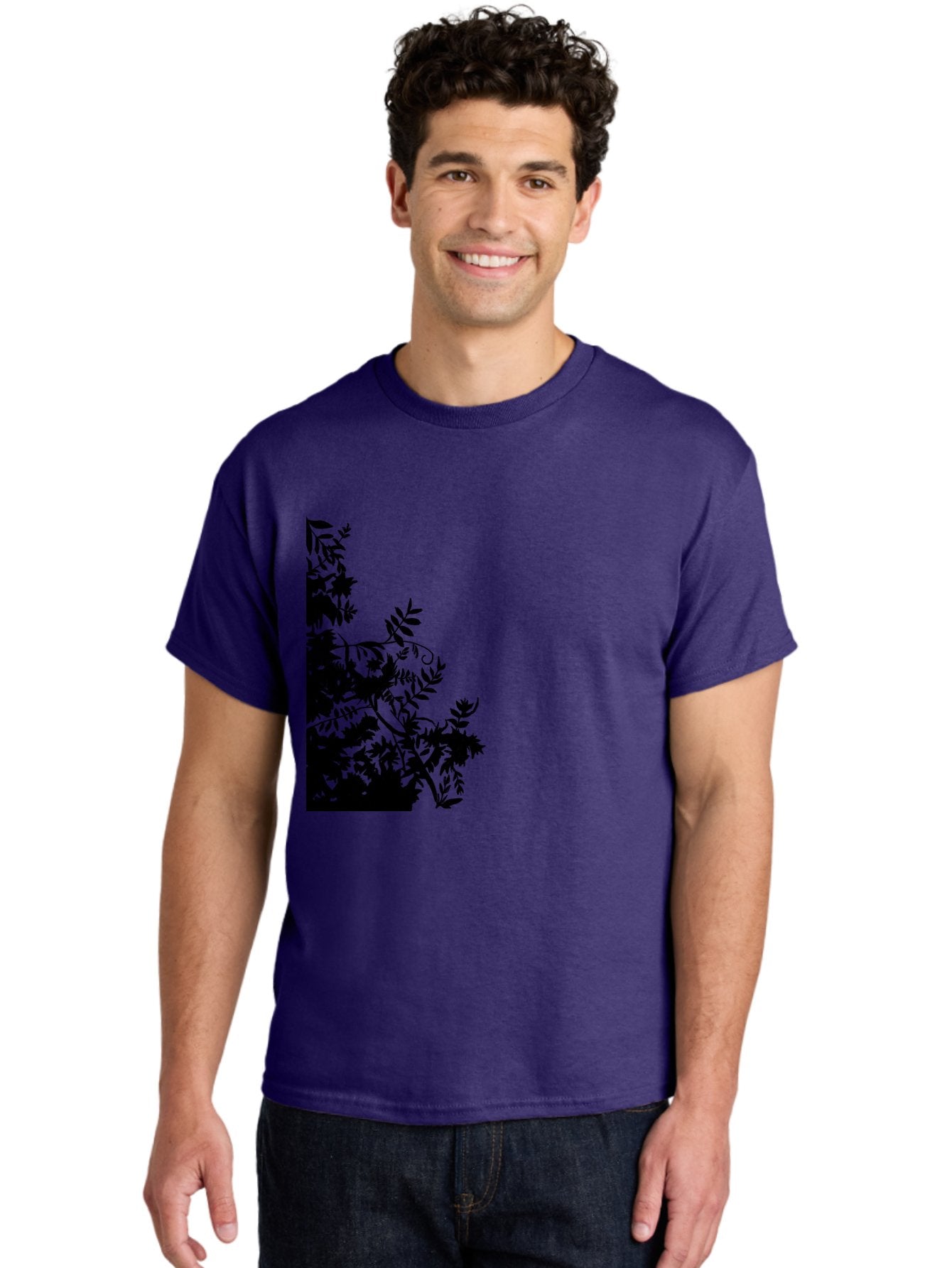 Floral-Silhouette Men'S Graphic Tee, 100% Cotton, Comfortable Casual Summer Wear, Machine Washable, Floral Silhouette, Black Leaves, Twisted Stems, Floral Arrangement, Botanical Design, Delicate Patterns, Intricate Details, Elegant Graphics Aac308 18