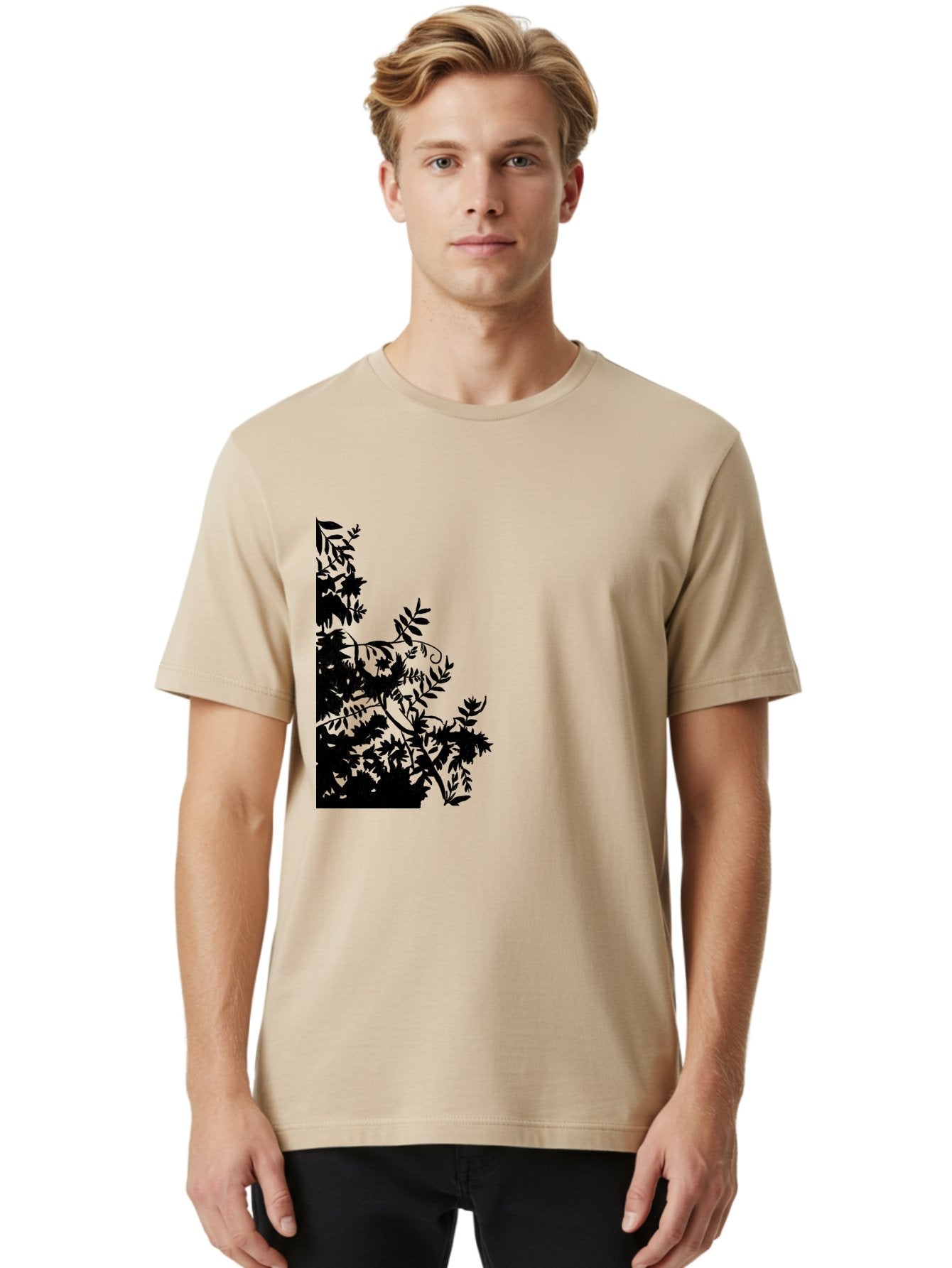 Floral-Silhouette Men'S Graphic Tee, 100% Cotton, Comfortable Casual Summer Wear, Machine Washable, Floral Silhouette, Black Leaves, Twisted Stems, Floral Arrangement, Botanical Design, Delicate Patterns, Intricate Details, Elegant Graphics Aac308 17