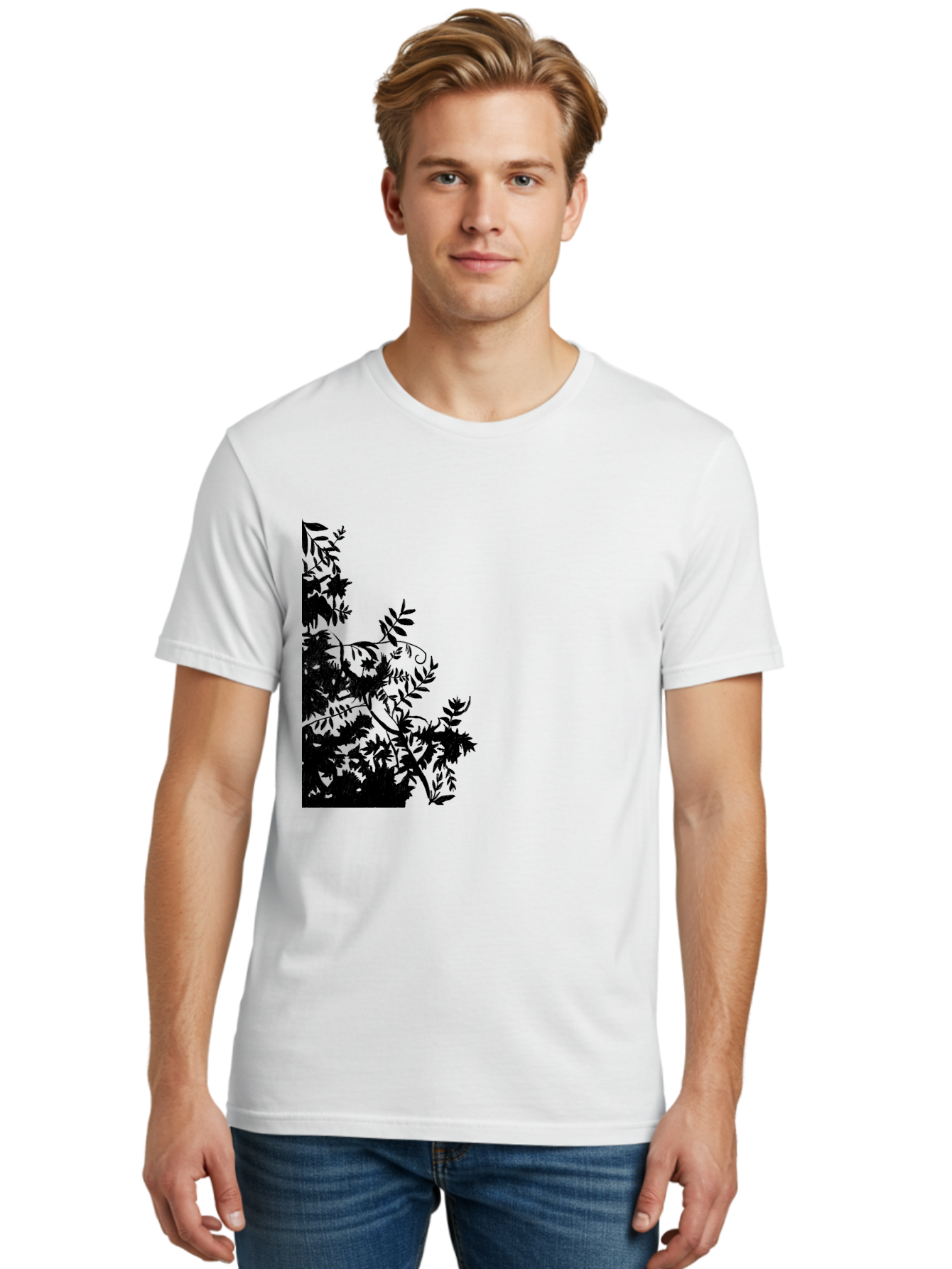 Floral-Silhouette Men'S Graphic Tee, 100% Cotton, Comfortable Casual Summer Wear, Machine Washable, Floral Silhouette, Black Leaves, Twisted Stems, Floral Arrangement, Botanical Design, Delicate Patterns, Intricate Details, Elegant Graphics Aac308 30