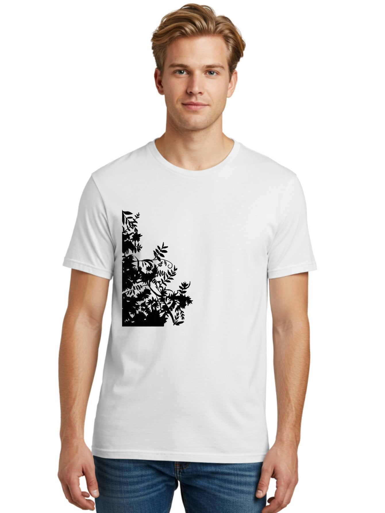 Floral-Silhouette Men'S Graphic Tee, 100% Cotton, Comfortable Casual Summer Wear, Machine Washable, Floral Silhouette, Black Leaves, Twisted Stems, Floral Arrangement, Botanical Design, Delicate Patterns, Intricate Details, Elegant Graphics Aac308 20